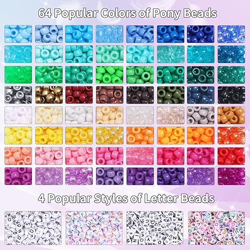 Miniatura 3 de QUEFE 2350 piezas, 64 colores, kit de cuentas de pony para hacer pulseras, kit de pulseras de amistad con cuentas de arcoíris Kandi, cuentas