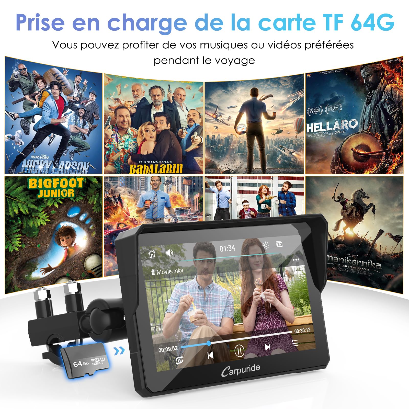 Carpuride W702 Écran GPS Carplay pour Moto, CarPlay sans Fil & Android Auto, Écran Tactile Étanche 7", Double Bluetooth, Navigation, Siri, Béquille Moto réglable en Forme de U