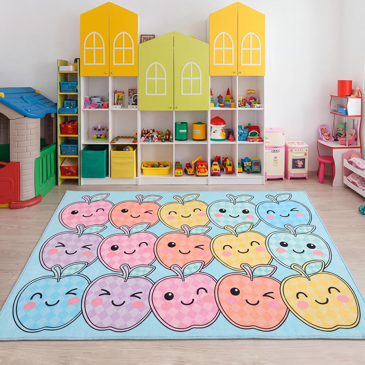 Dunzy 5x7.6 ft Pastel Apple Face Classroom Rug, Rainbow Smileys Educational Area Carpet for Classroom Elementary,Back to School Decor Large Kawaii Rug for Kindergarten Daycare Room Teaching Playroom