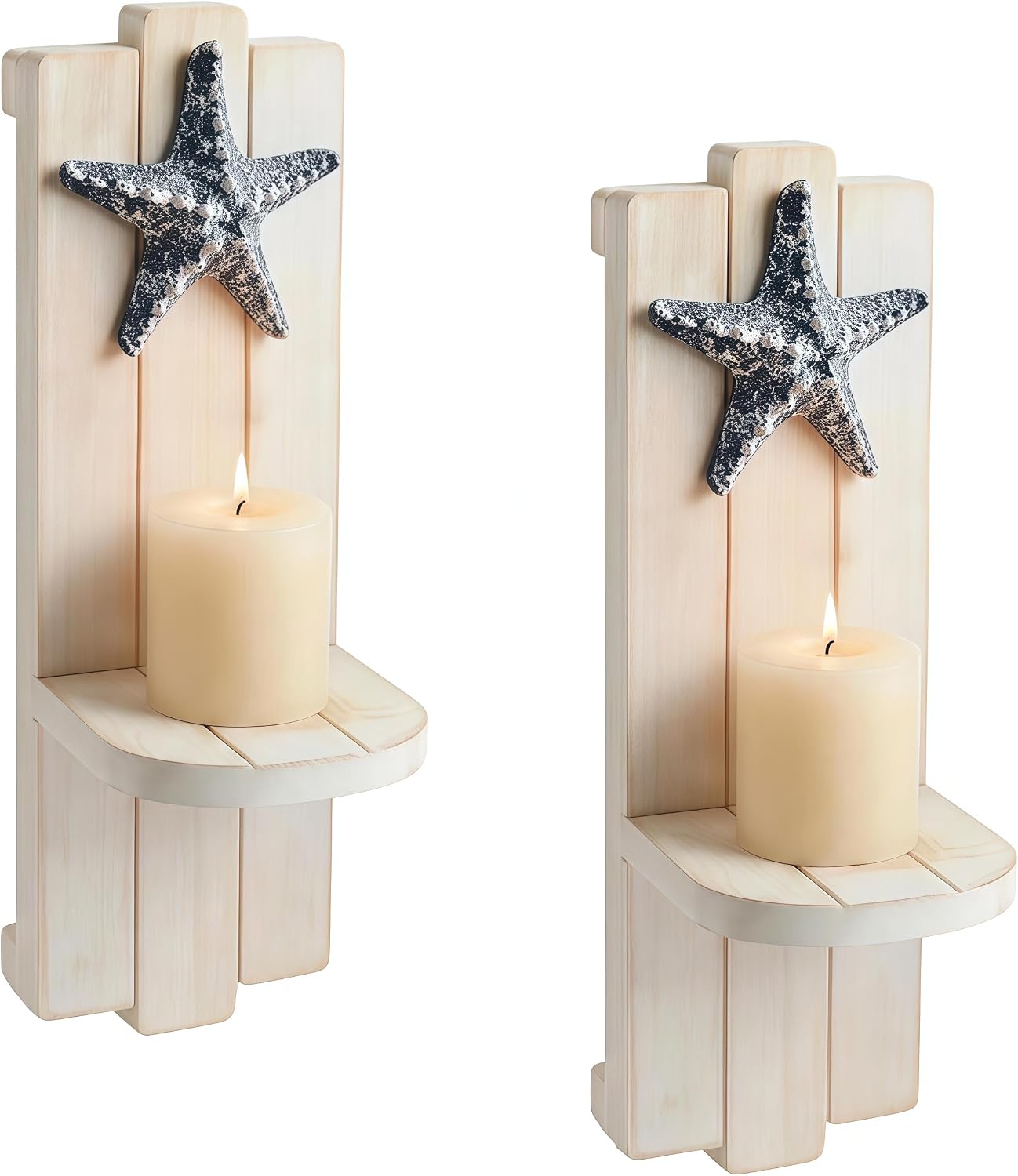 Coastal Wall Decor, Starfish Wall Candle Sconces Set of 2 | 3D Starfish Design,Thick Wood,Pre-Drilled Mounting Holes,Easy Installation,Coastal Farmhouse Decor