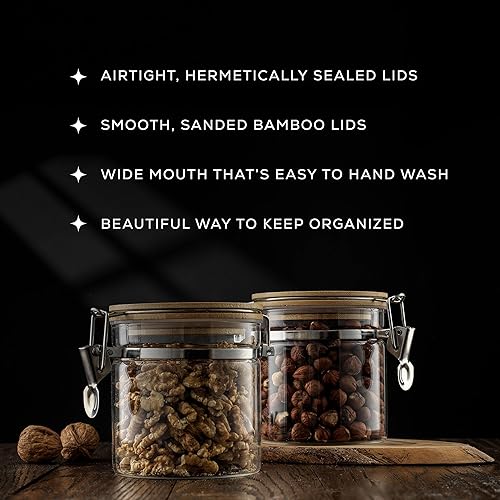 Miniatura 5 de JoyJolt Tarros de vidrio con tapas de bambú (19 onzas líquidas). Juego de 2 tarros de almacenamiento herméticos con tapas de abrazadera para