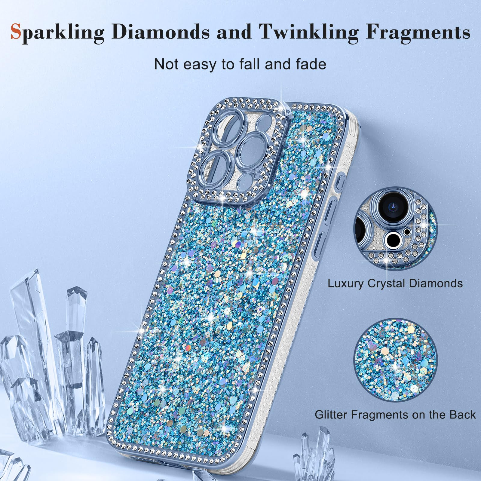 Lafunda Cover Glitter Compatibile con iPhone 16 Pro Max Cover per Ragazze, Custodia Lucida con Diamanti, 3D Bling Cristallo Case per iPhone 16 Pro Max-Blu
