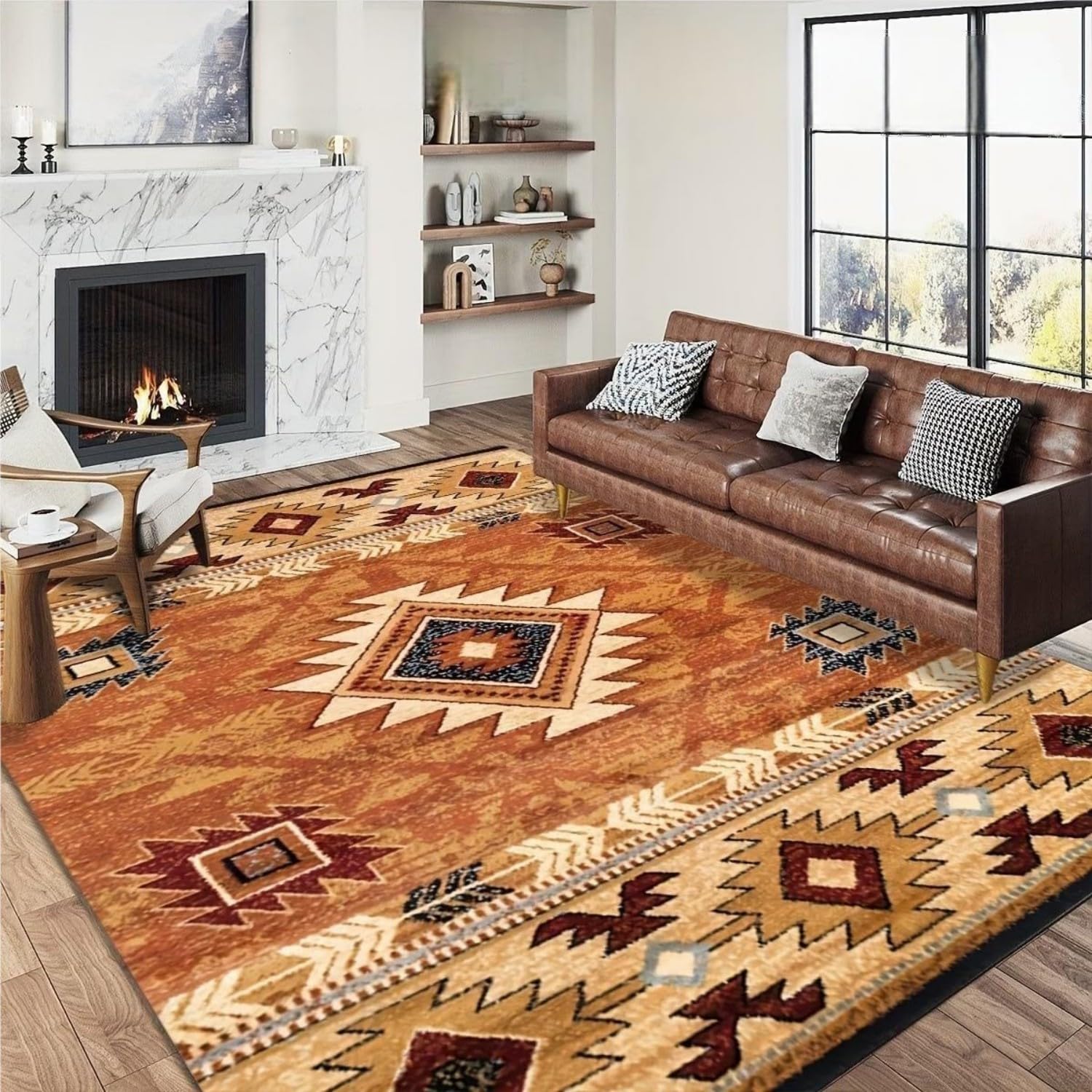 USHIRUG Western Rug for Living Room,60x90cm Southwestern Moroccan Ethnic Style Vintage Totem Art Aesthetic Rug, Soft, Machine Washable, Easy to Clean, Brown Checkered Soft Carpet for Bedroom, Office