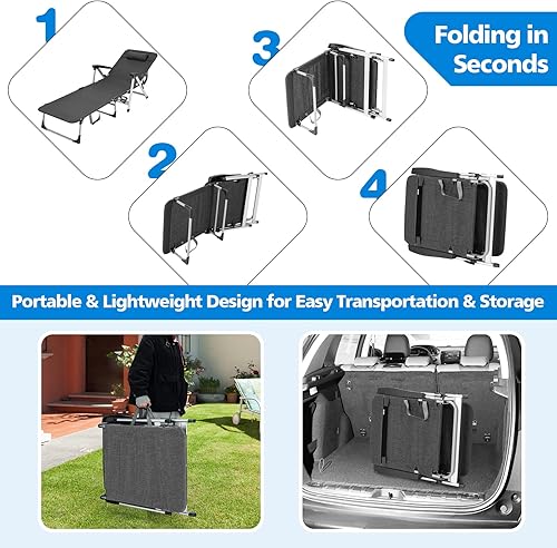 Miniatura 8 de Tangkula Silla tumbona plegable, reclinable ajustable de 7 posiciones con reposacabezas extraíble y soporte para tazas, capacidad de peso de 330