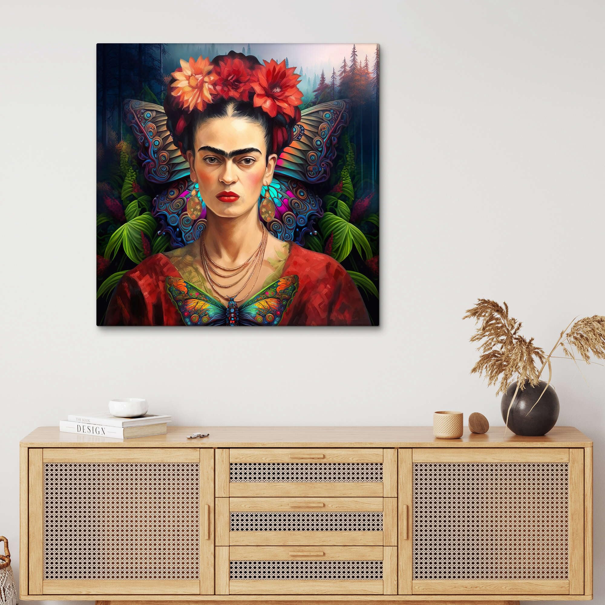Frida Kahlo and Flying Butterflies Poster de Mark Ashkenazi 60 x 60 cm Déco colorée Tableaux Décoration murale