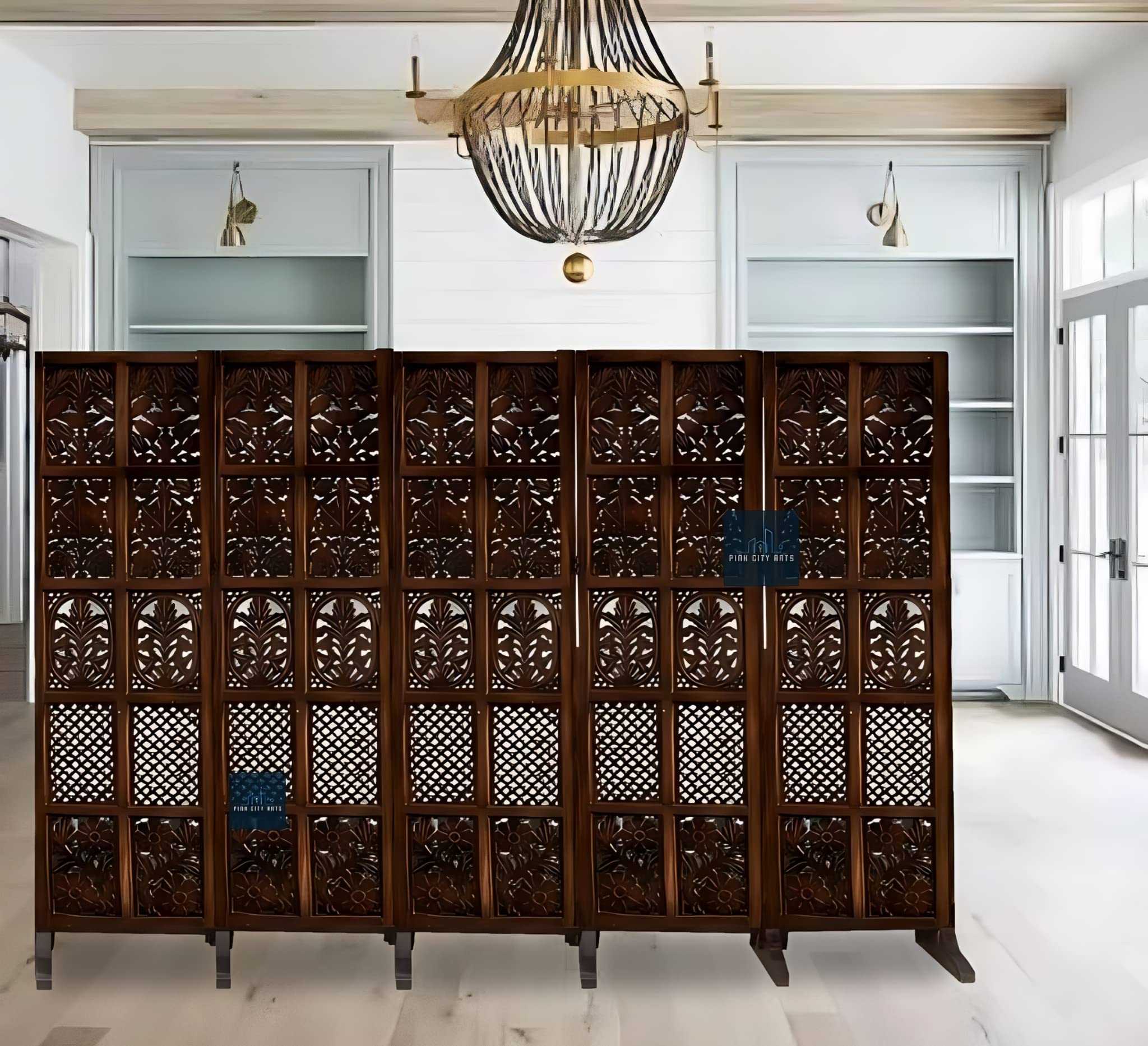 Wooden Partitions Made of Wood Room Divider for Living Room with Stands Hall Bedroom Wall Separator Panel 6 Feet (5 Panel with Stands)