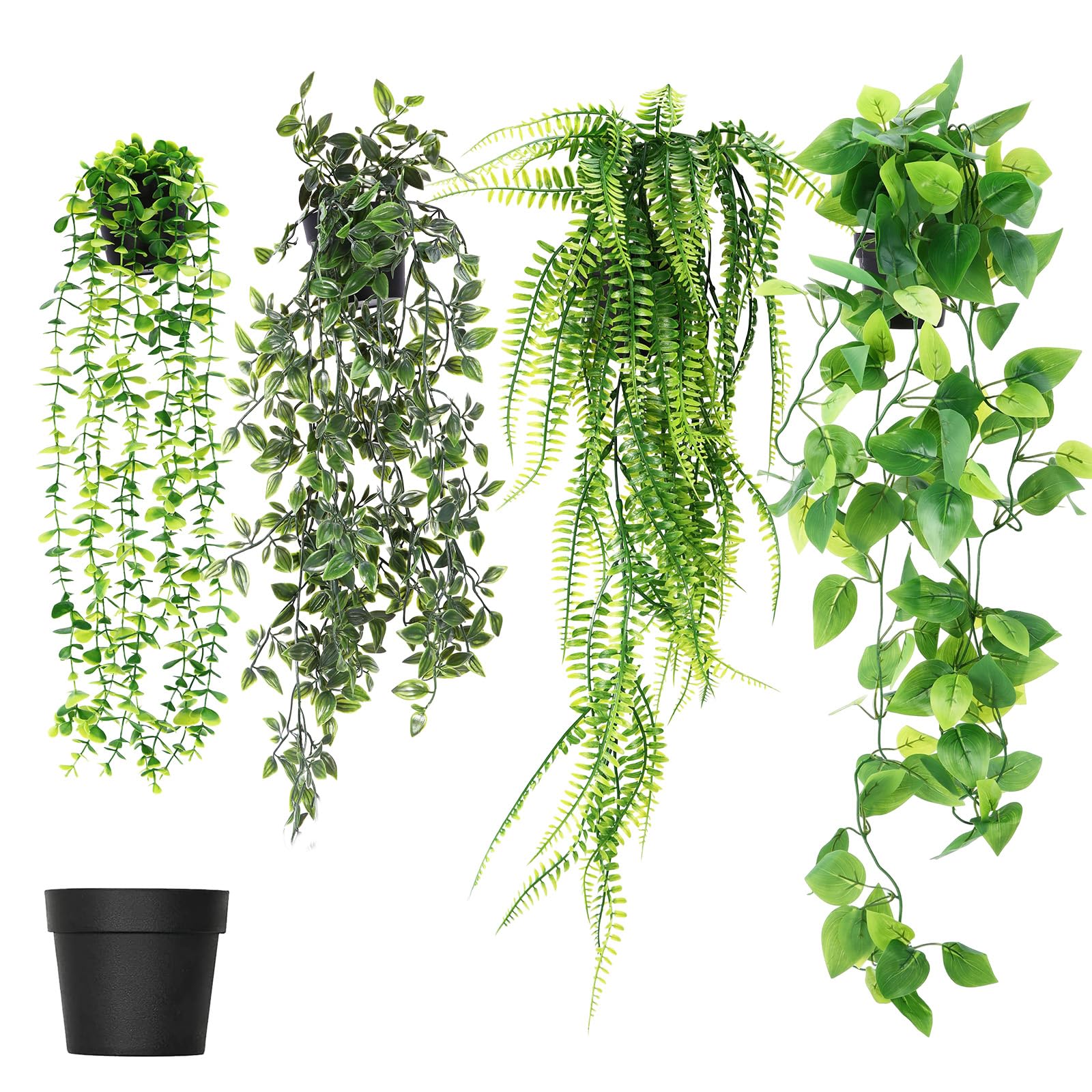 PCXWTLN Artificial Hanging Plant, 4 Pack Fake Eucalyptus Plants with Pots Greenery Fake Datura Pothos Plant for Home Office Garden Indoor Outdoor Decoration