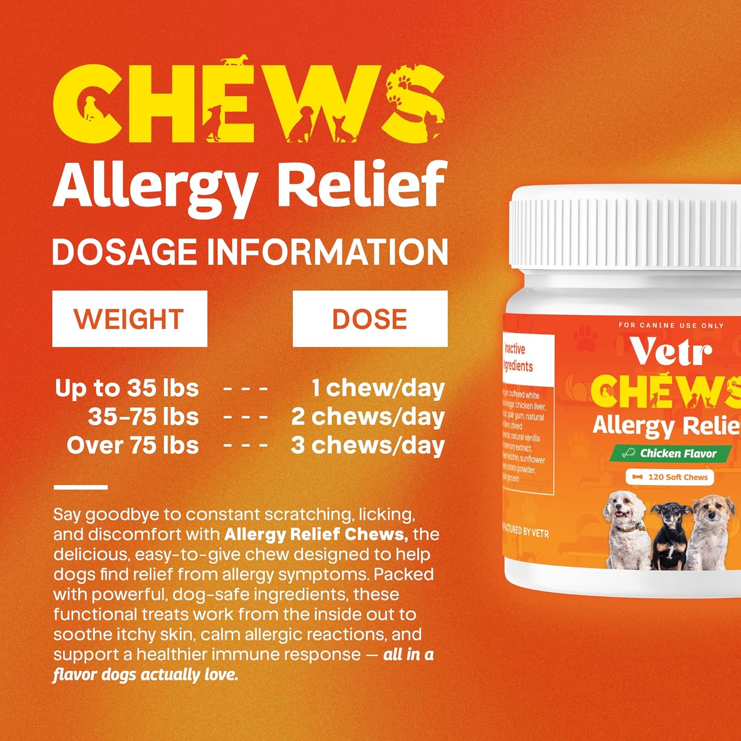 Vetr Allergy Relief Chews for Dogs - Dog Itching Skin Relief, Dog Allergy Treats with Probiotics and Omega-3 - Chicken Flavored 120 Count - Vet-Formulated in USA