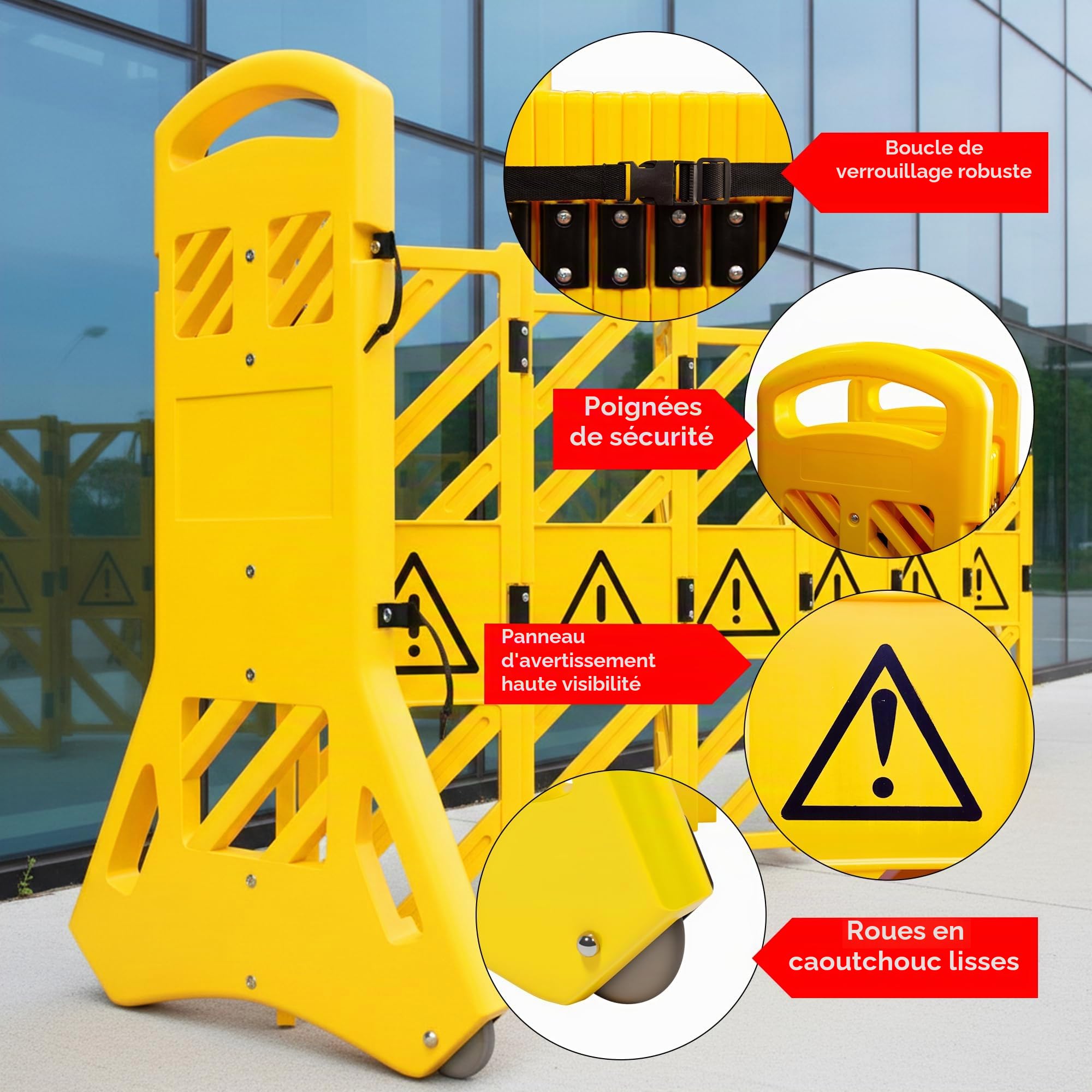 Barrière en plastique extensible pliable – Jaune | Barrière de sécurité mobile rétractable avec poignée de transport | Barrière en plastique pour contrôle temporaire de la circulation