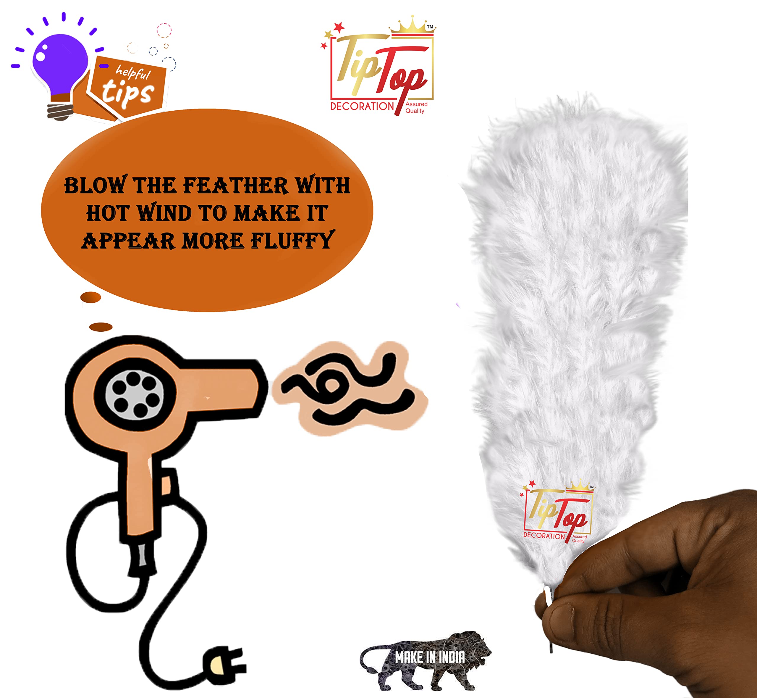 TIPTOP DECORATION Fluffy Natural Dyed Feather Kalgi Kalangi Stick for Craft (7-8 Inch) (Off White, Pack of 10 Pcs) 2