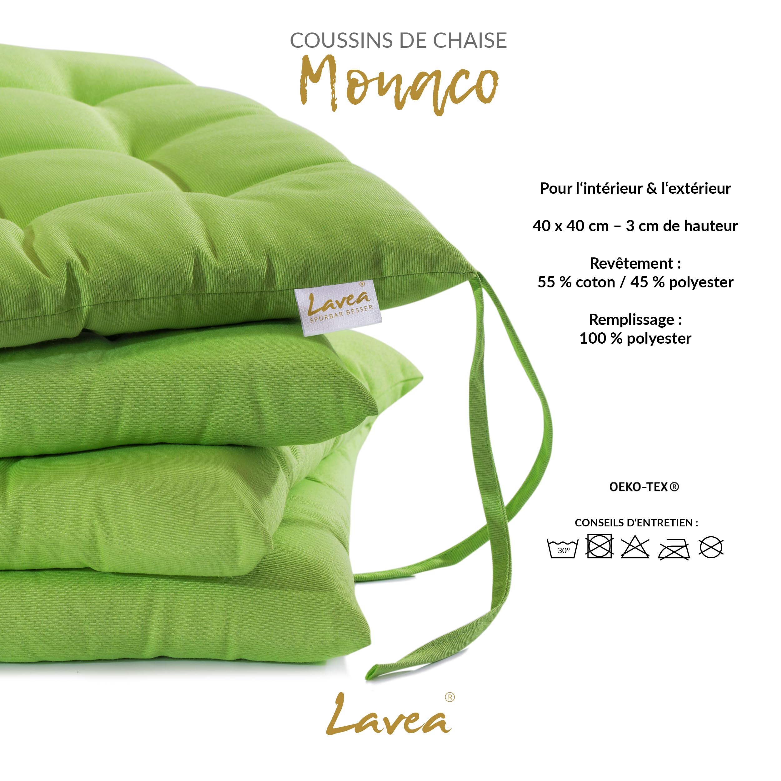 Lavea® Coussins de Chaise 40x40 cm – Lot de 8 avec Attaches – Confortables et lavables pour intérieur, extérieur - pour Jardin, Balcon, terrasse et Cuisine - Vert Tilleul Clair