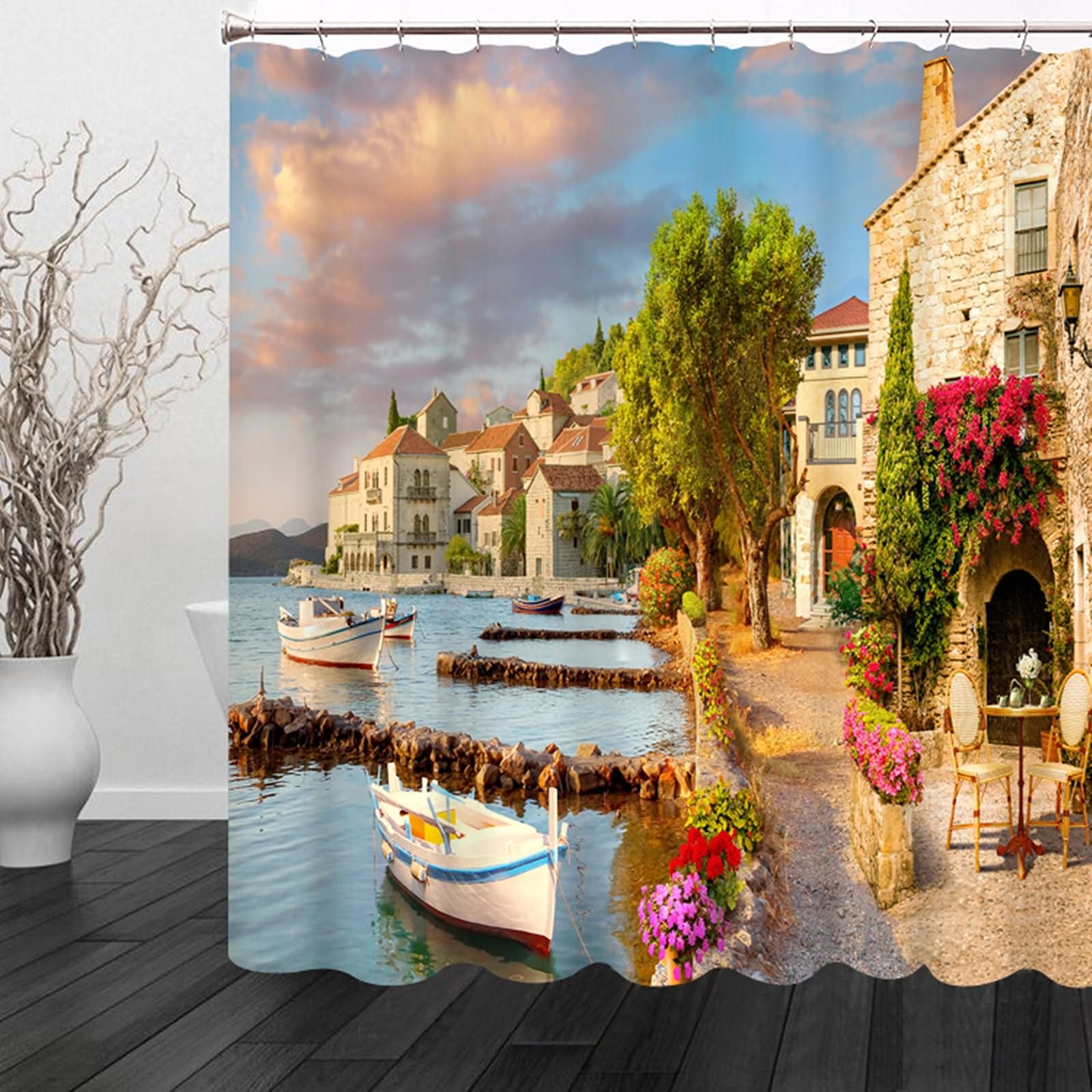 Rideau de douche japonais 200x180cm paysage de rive imprimé en 3D