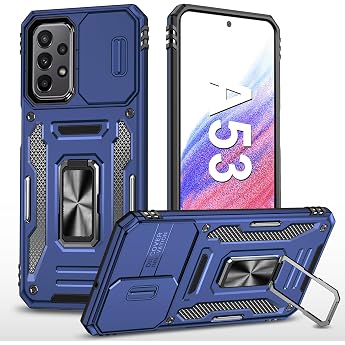 حافظة للهاتف المحمول لهاتف Samsung Galaxy A53 مع كاميرا منزلقة مع حماية للكاميرا حافظة حماية Galaxy A53 360 حامل حلقة معدنية دوارة مقاوم للصدمات لهاتف Samsung A53 5 G Drak Blue