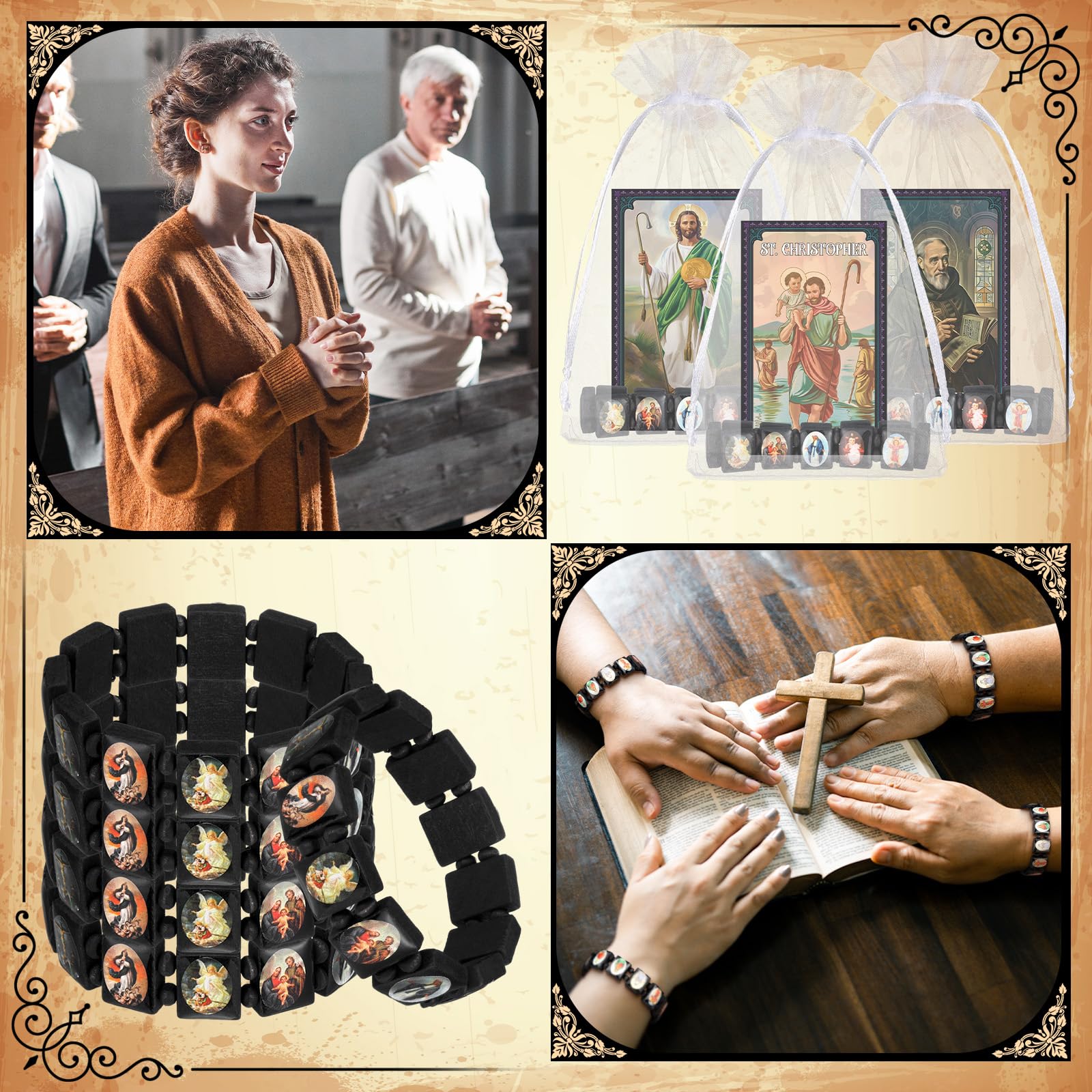 Huquary Catholic Gifts Set Catholic Saint Prayer Cards Holy Rosary Bracelets Devotional Wood with Bags Religious First Communion Baptisms Easter Gift Bulk for Christian Party Favor