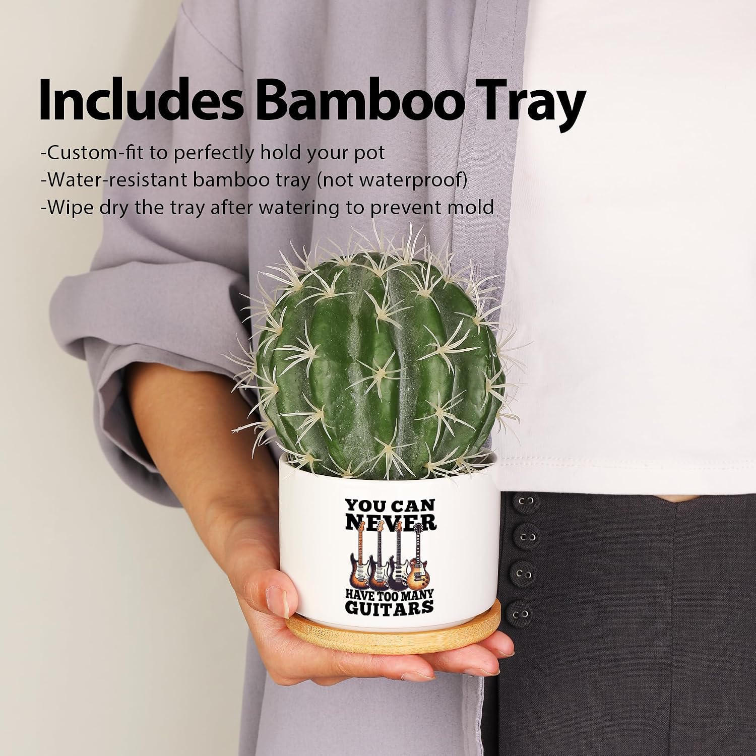 You Can Never Have Too Many Guitars Guitarist Gifts Guitar Lover Musicians Gifts Ceramic Succulent Plant Pot with Bamboo Tray Round Home Office Decor 3.5 Inch White (No Plants) image 5