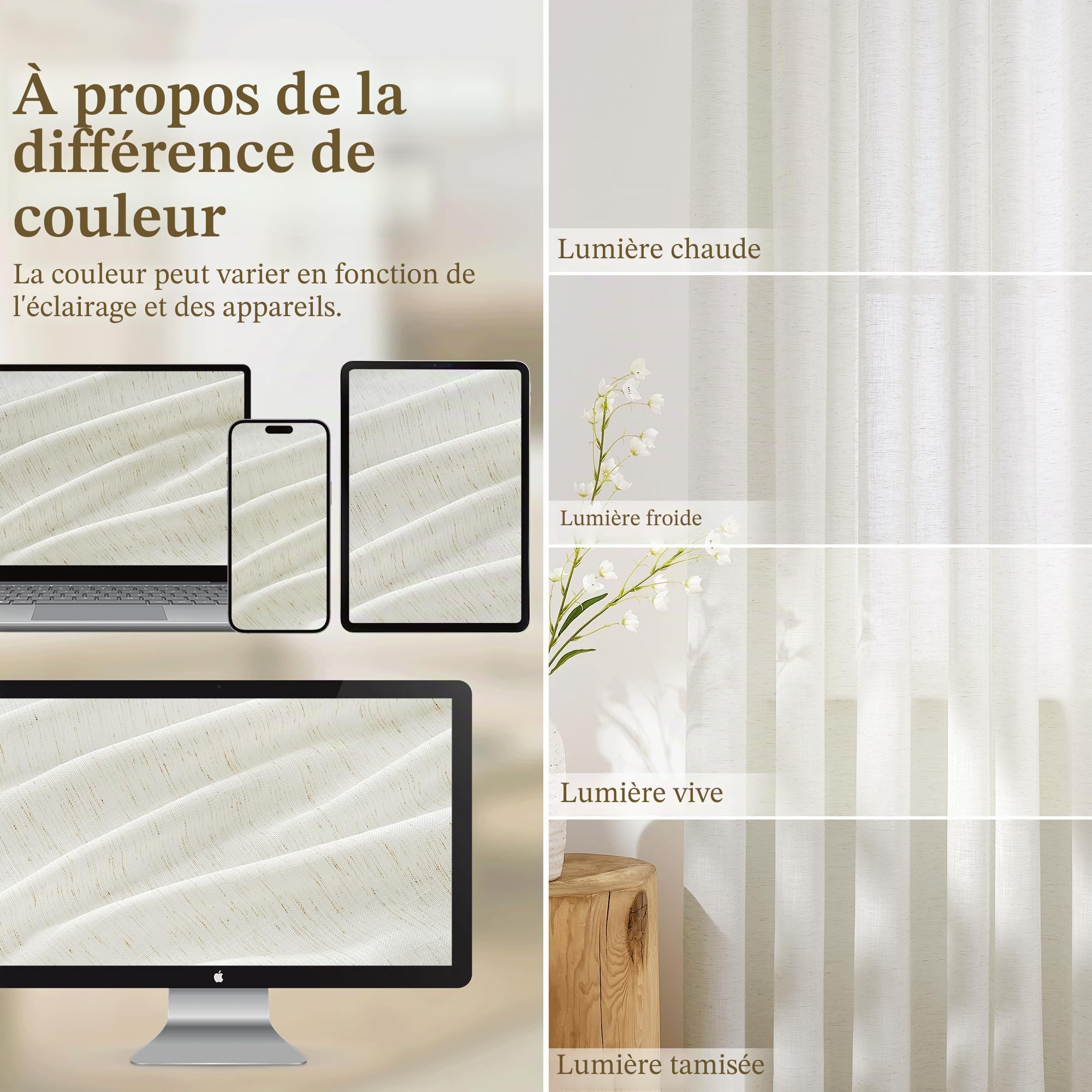 KGORGE Rideaux Voilages Lin Grande Largeur Semi-Transparent Ivoire | L300xH240cm, 1 Panneau, Galon Fronceur, Passe Tringle, Intérieur, Translucide, pour Porte Fenêtre Salon Chambre, Boho Chic