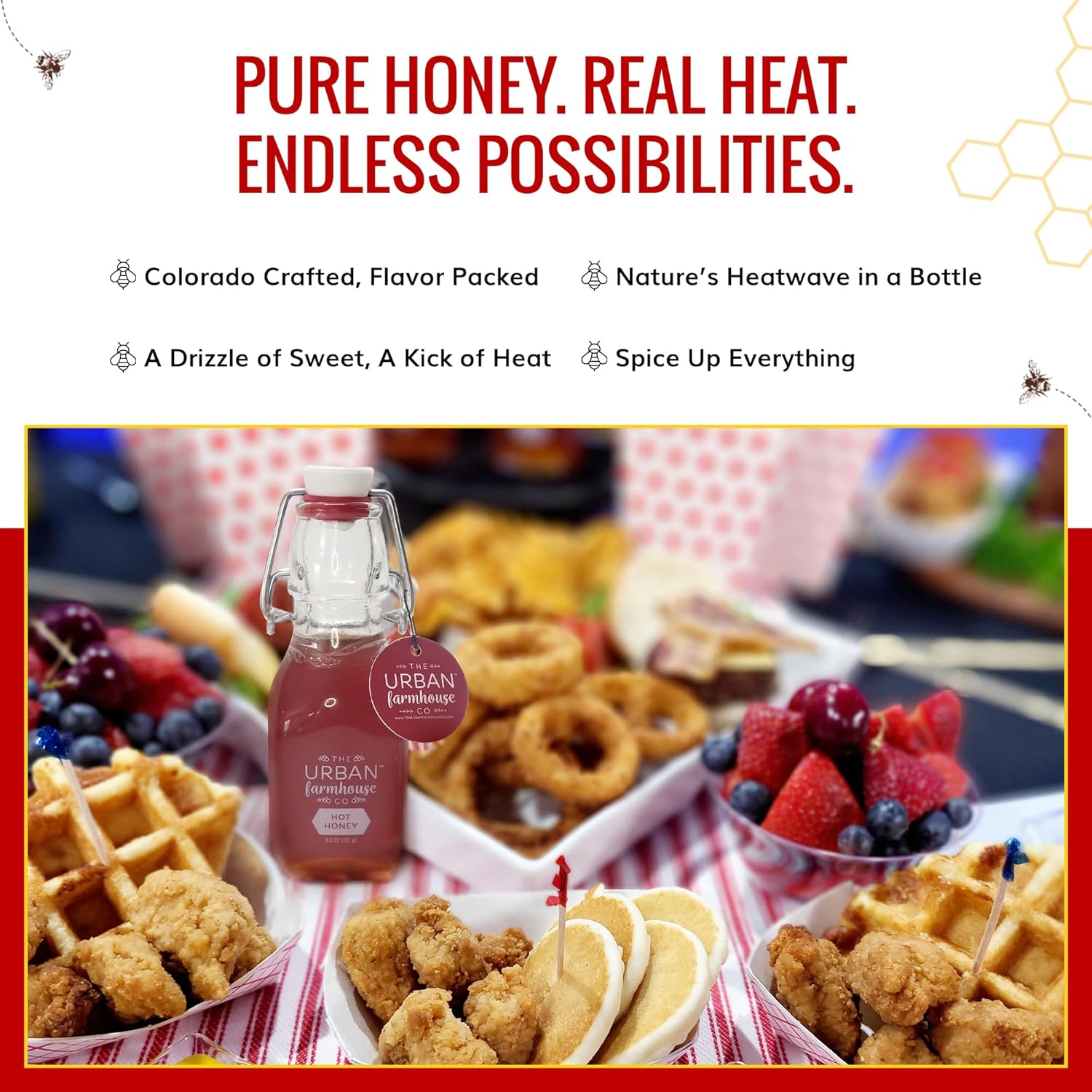 The Urban Farmhouse Co – Colorado Hot Honey Infused w/Chili Peppers – Spicy Sweet Mixer for Cocktails, Pizza, Chicken, Tea, Culinary Creations – All Natural Small Batch 6.4 oz (3 Pack, Hot Honey)