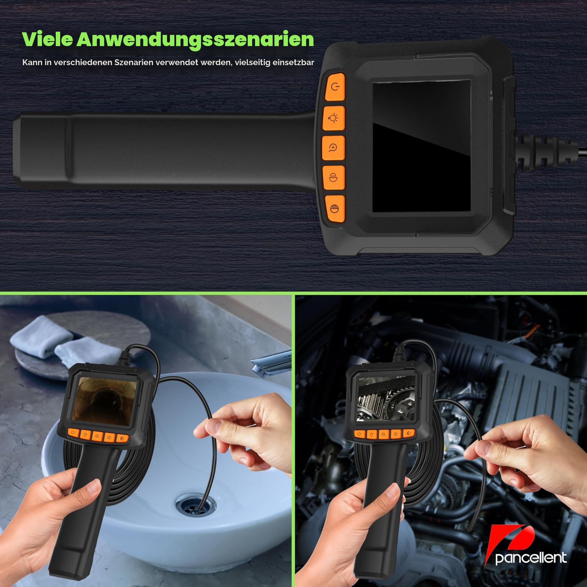 Pancellent Endoskop Kamera mit Licht, 1920P Inspektionsschlange, Mit HD-Farbdisplay, Endoskop, Wasserdichtes industrielles Endoskop mit 8 verstellbaren LED-Lichtern, halbstarrer Kabelkanalkamera