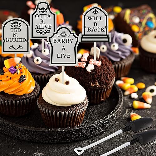 Miniatura 5 de 48 piezas de lápida de Halloween para pasteles, decoración de cupcakes y mini cucharas con forma de pala para suministros de fiesta de Halloween