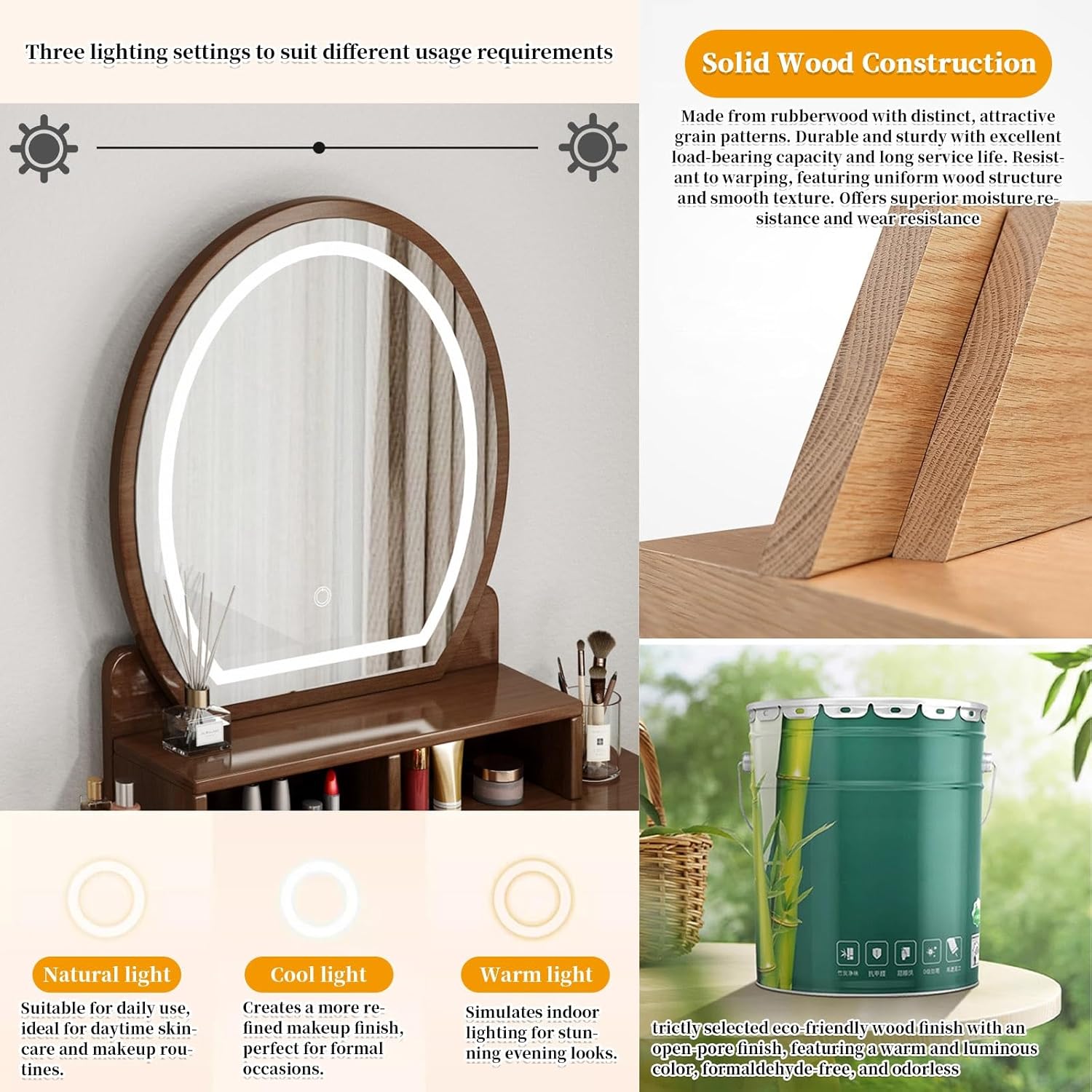 Small Makeup Vanity Desk Vanity Table Solid Wood Construction High Stability Makeup Table Includes Mirror Tri-Color Lighting Ideal for Home use (Includes Stool)(Wood+White)