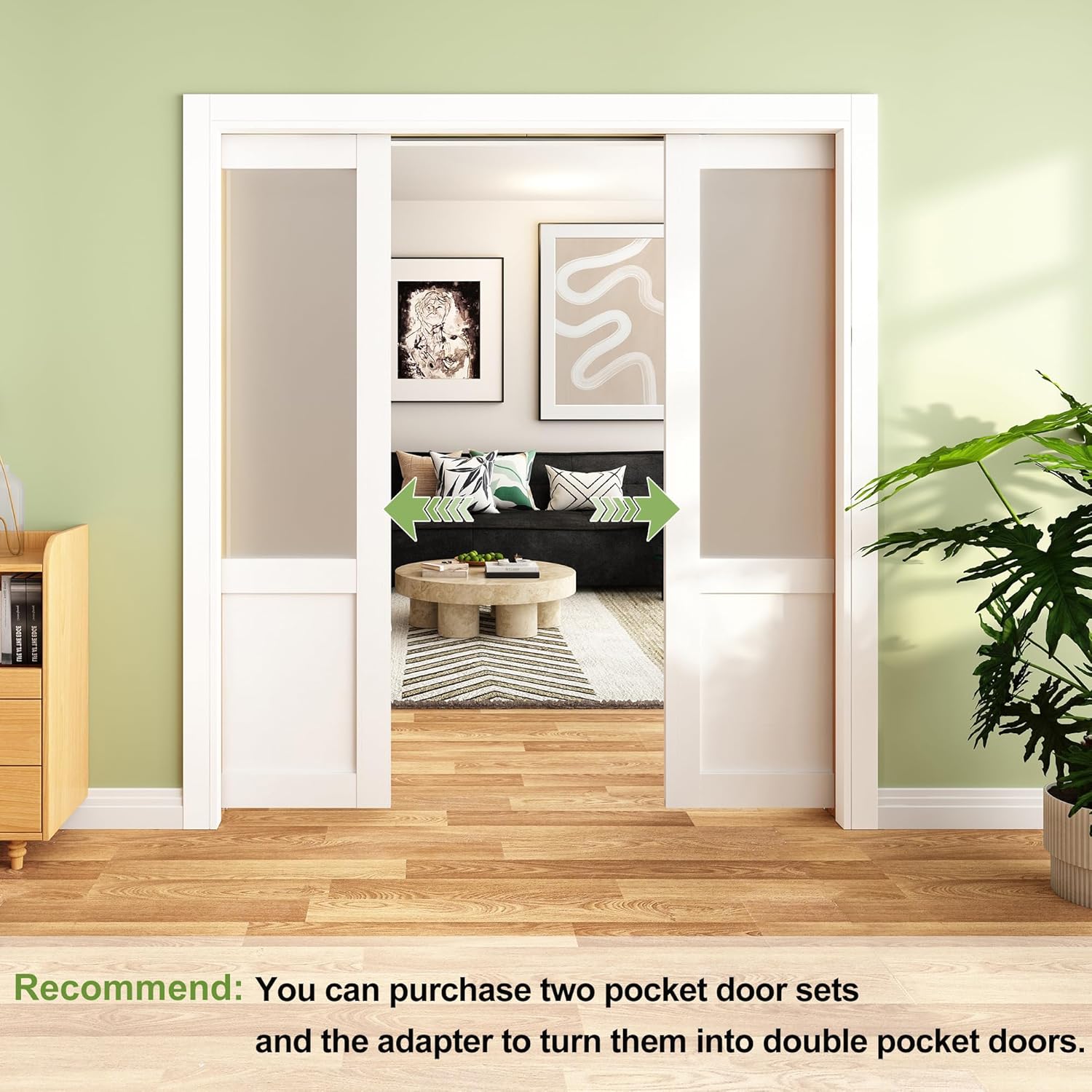 JUBEST Pocket Door 32"x80", 2-Panel Tempered Frosted Glass Sliding Pocket Door with Soft Close Hardware Kit, Sturdy Solid Wood & MDF with Water-Proof PVC Surface, White