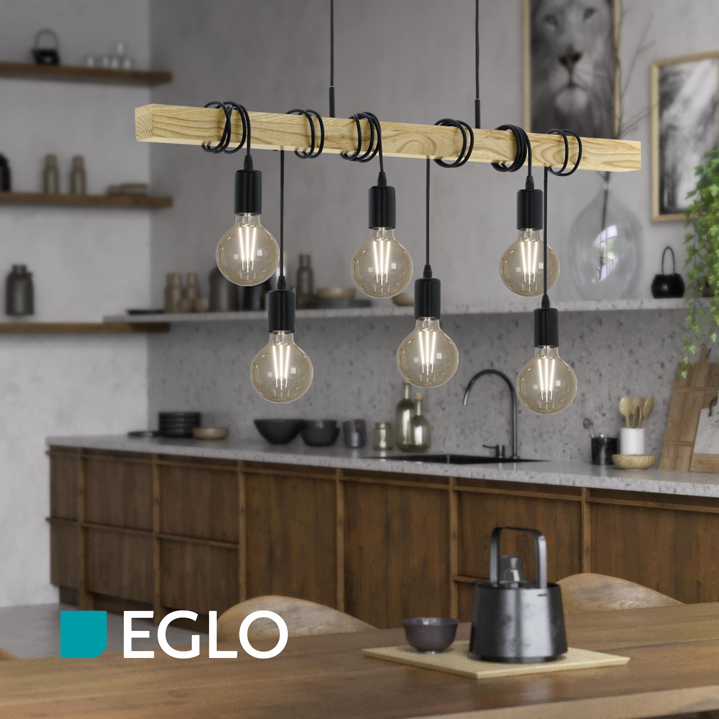 EGLO Pendellampe Townshend 6 flammige Vintage | Pendelleuchte im Industrial Design, Retro Hängelampe aus Stahl und Holz, Farbe Schwarz, braun, FSC zertifiziert, E27