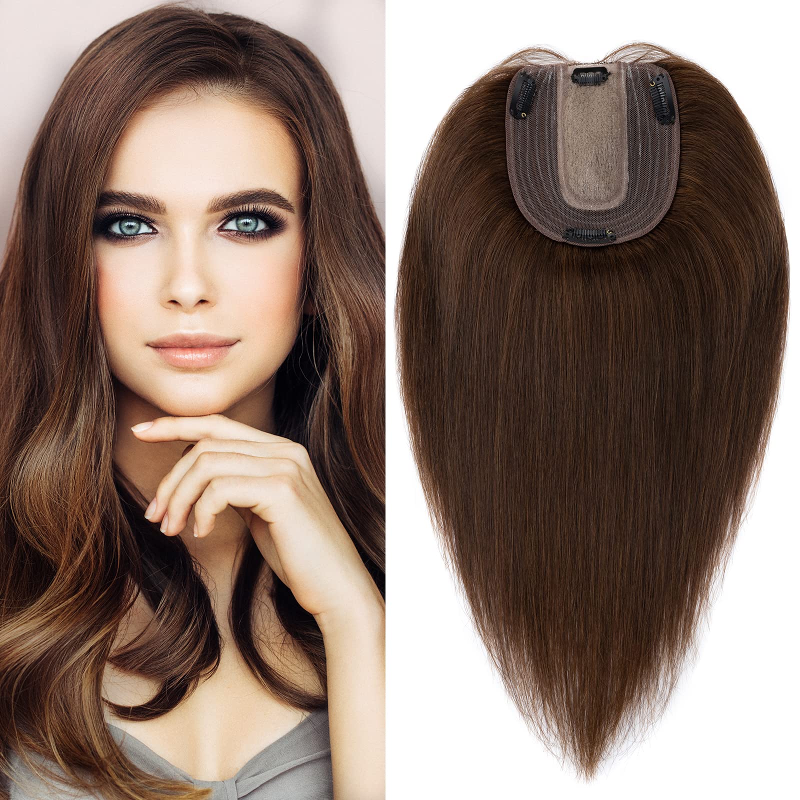 S-noilite 18 Inch 100% Human Hair Toppers Clip in Real Hair Topper for Thinning Hair Women uk Hair Piece Clip in Toupee 57g(#4 Medium Brown)