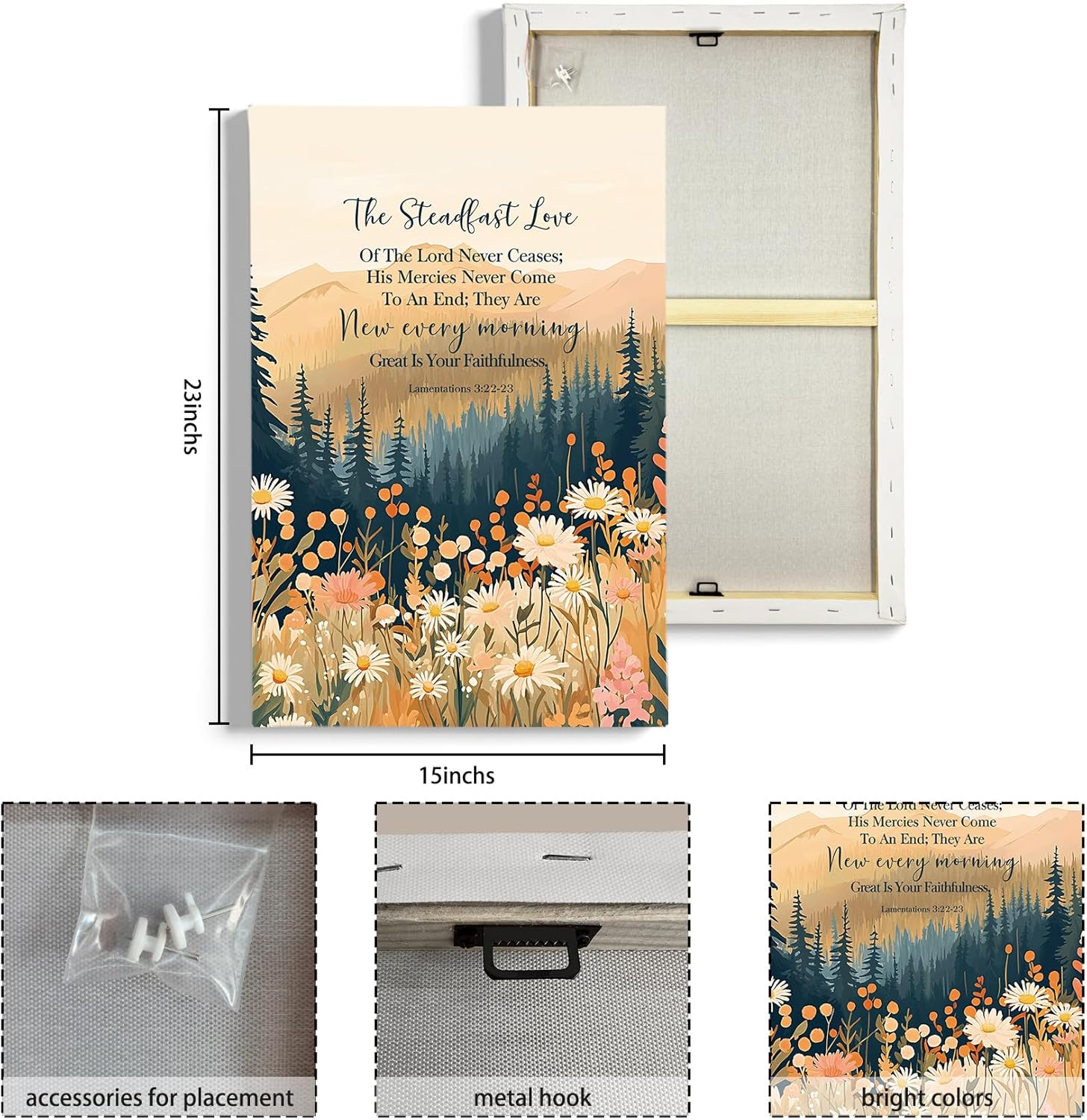 HIWX Christian Floral Wall Decor, Lamentations 3:22-23 Woodland Forest Wildflowers Framed Canvas Painting Wall Art Decor, Bible Verse Wall Art Home Decoration for Home Bedroom Church 16x24