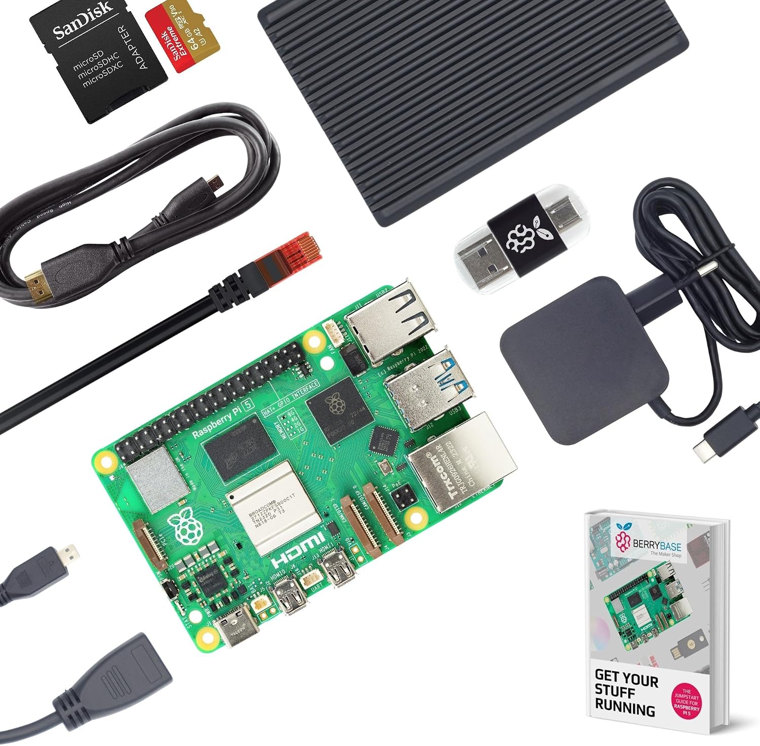 Raspberry Pi 5 4 GB Starter Kit with Passive Heatsink Full Armor Aluminium Housing 64 GB SanDisk Extreme microSD Card USB-C Power Supply HDMI Cable Card Reader & CAT6 Network Cable Complete