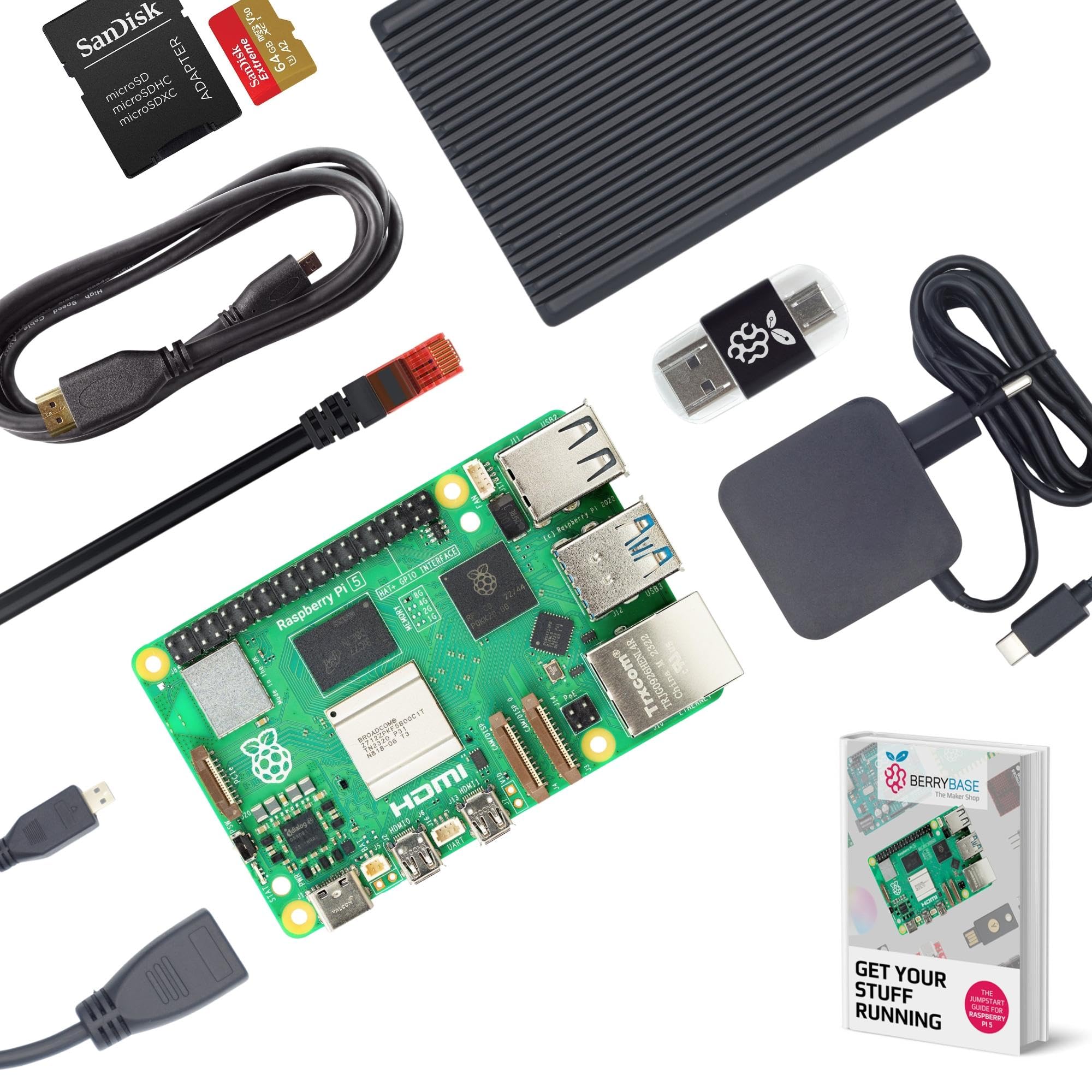 Raspberry Pi 5 8GB RAM Starter Kit – Passives Aluminiumgehäuse, MicroSD 64GB, USB-C Netzteil, HDMI Kabel & Adapter, 2in1 Cardreader, CAT6 Netzwerkkabel – Sofort Einsatzbereit