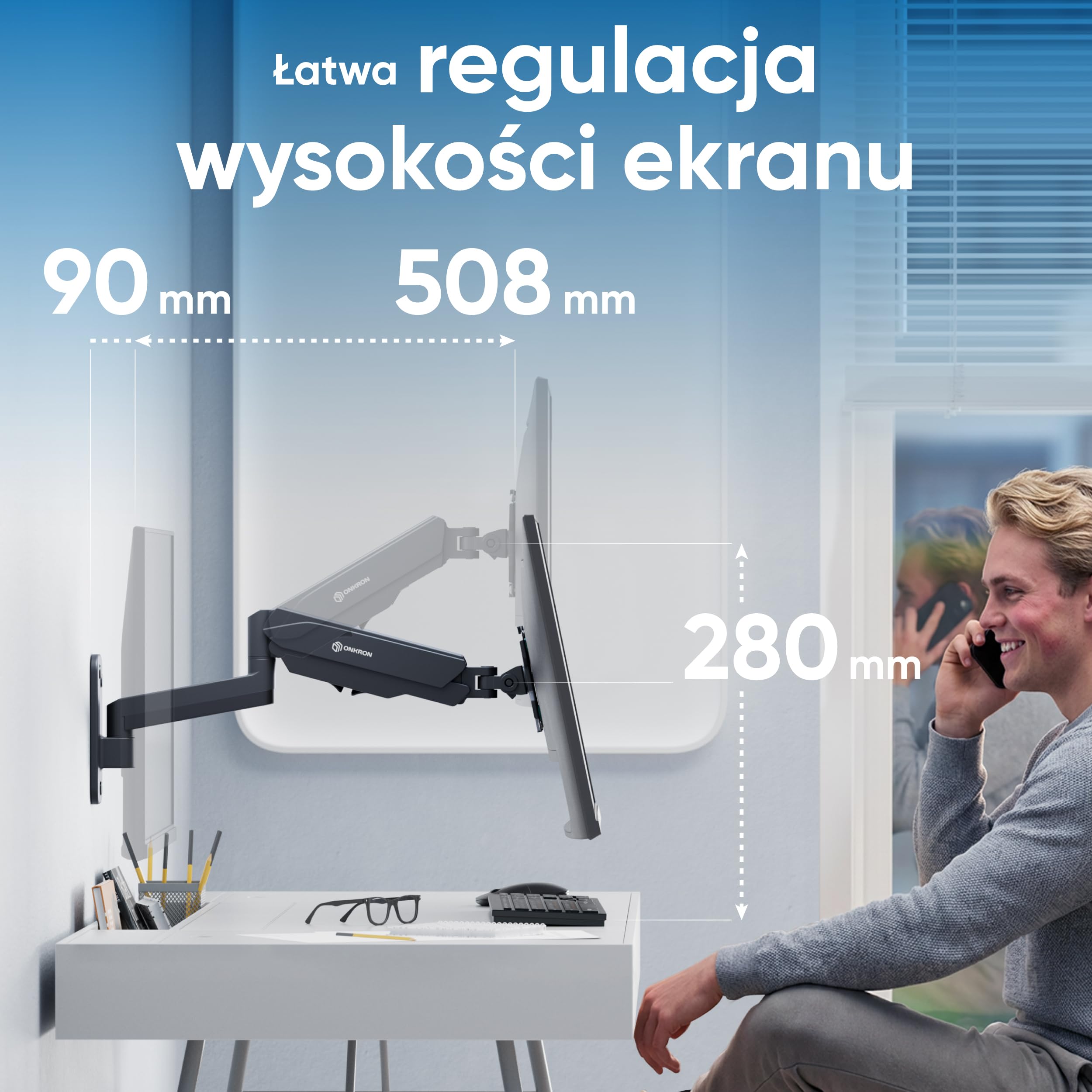 ONKRON Uchwyt monitora i telewizora ściennego (obrotowy, przechylany, rozszerzalny) Ramię monitora ściennego do ekranów 13-32 cali z wiosną gazową VESA 75 x 75-100 x 100 mm i waga maks. 8 kg - G150