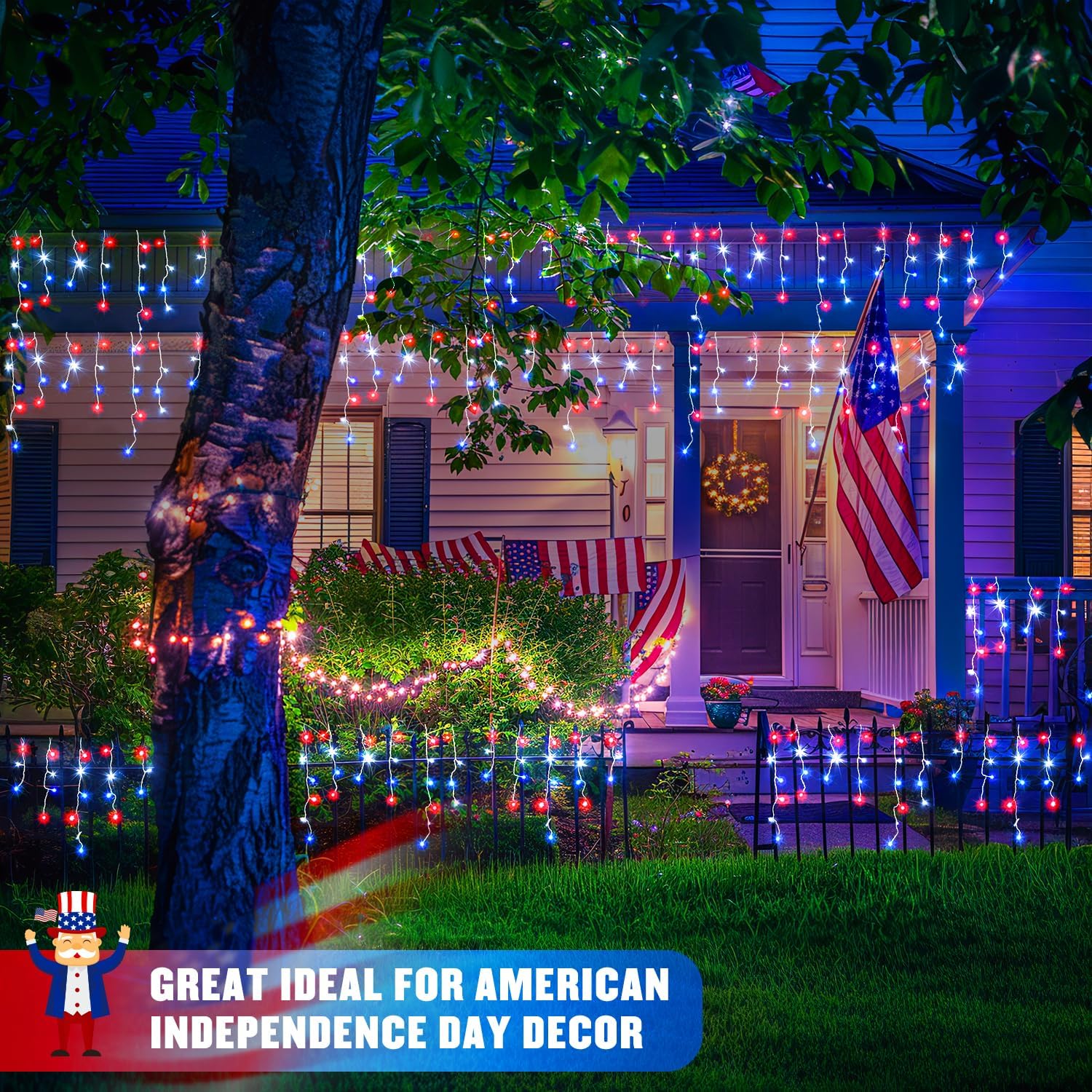 JMEXSUSS Icicle Lights for 4th of July Decor, 400 LED Red White and Blue Icicle Lights for Outside, 38.8 Ft Independence Day Icicle String Light Indoor Outdoor Holiday American Flag Decor