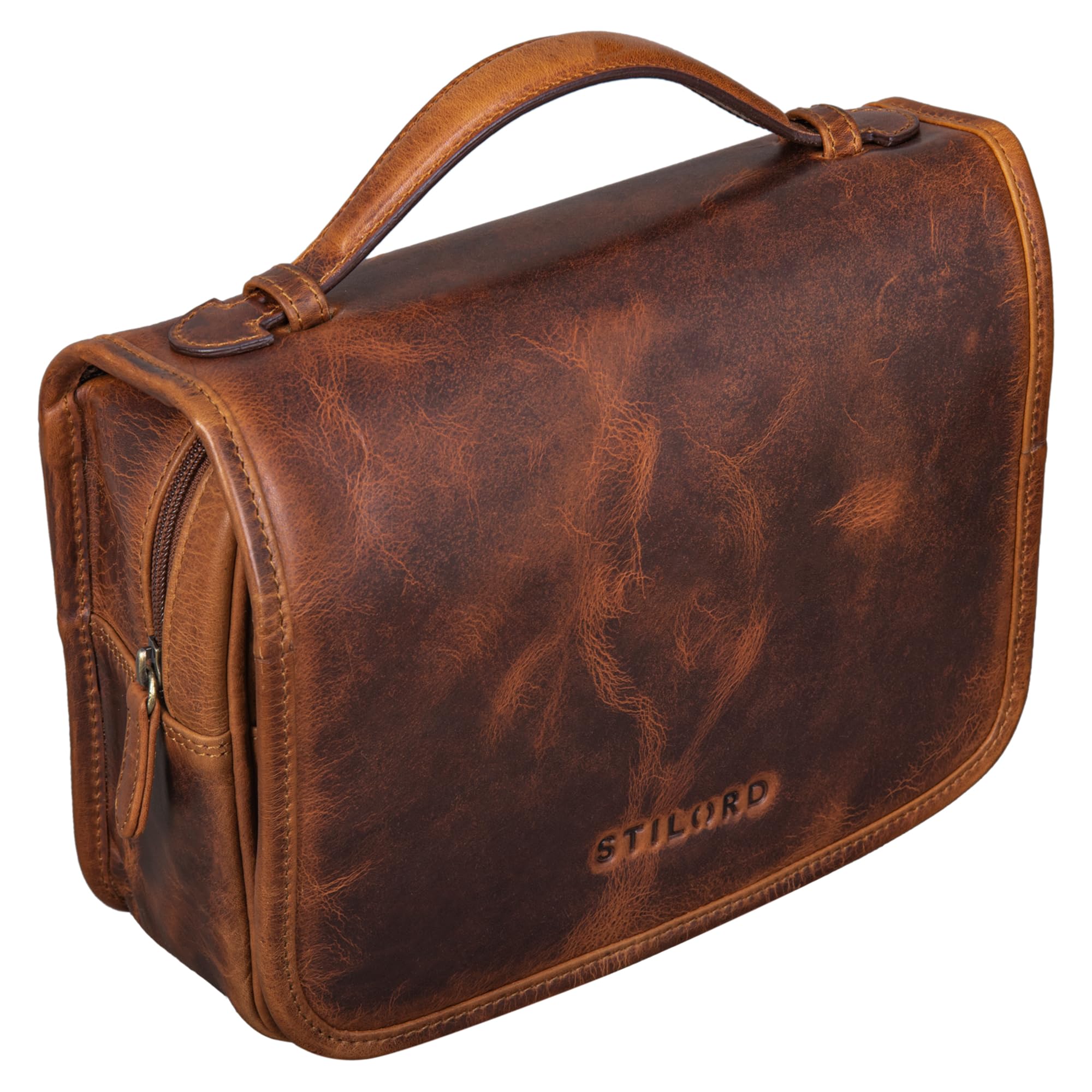 STILORD Arlo Leder Kulturtasche zum Aufhängen Kulturbeutel Waschtasche mit Henkel und Ring Reise Necessaire Vintage Leder Toilettentasche für Damen und Herren Farbe:Kara - Cognac