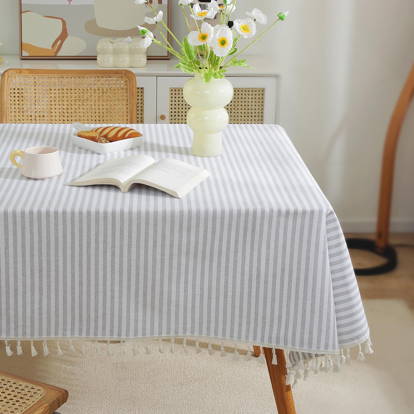 Meioro Mantel a Rayas Tablecloth Rectangular con Borlas, Manteles de Mesa Lino Lavable Mantelería Decorativa para Cocina, Comedor y Sobremesa Interior y Exterior (Gris/Weiße Streifen, 140x220cm)
