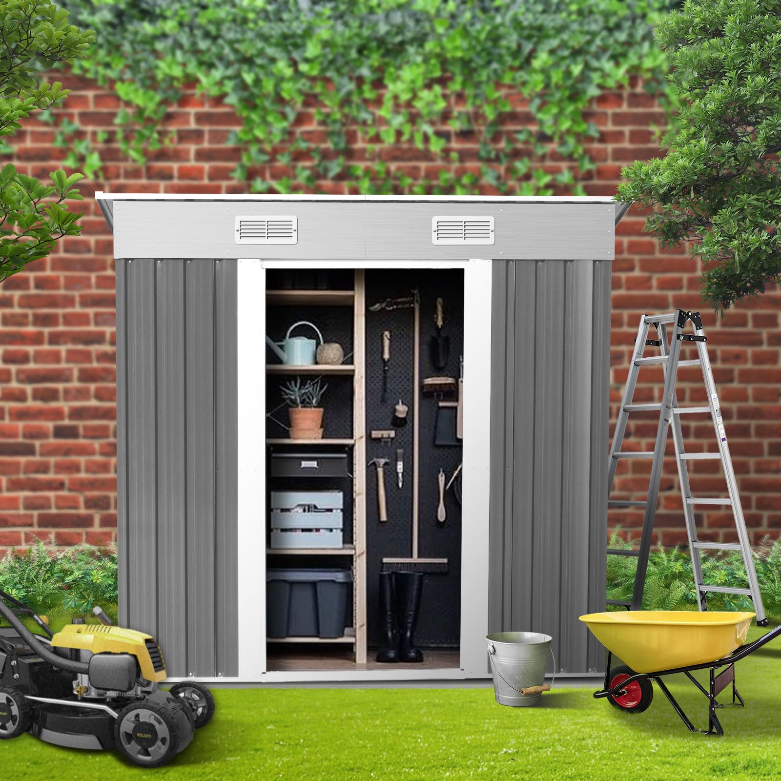 Garvee Caseta de Jardín Exterior de Acero Galvanizado, Cobertizo de Almacenamiento Metálico 183 x 122 x 180 cm para Herramientas y Bicicletas, Estructura Resistente con Ventilación y Tejado, Gris