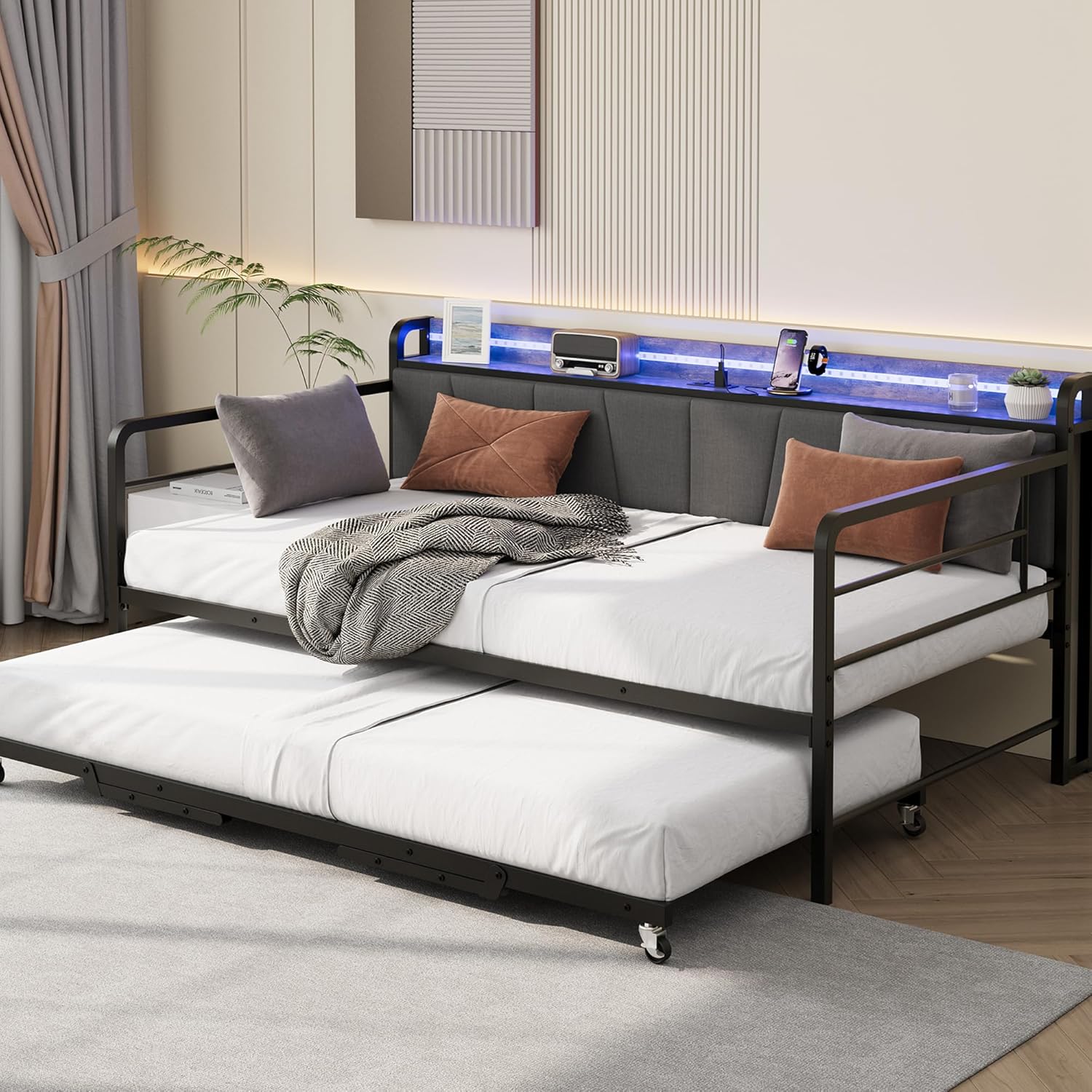 Daybed with Trundle Bed, Twin Bed Frame with Corduroy Upholstered Storage Headboard & Charging Station and LED Light, Heavy Duty Metal Day Bed Pop Up Trundle Bed for Living Room,Bedroom, Black