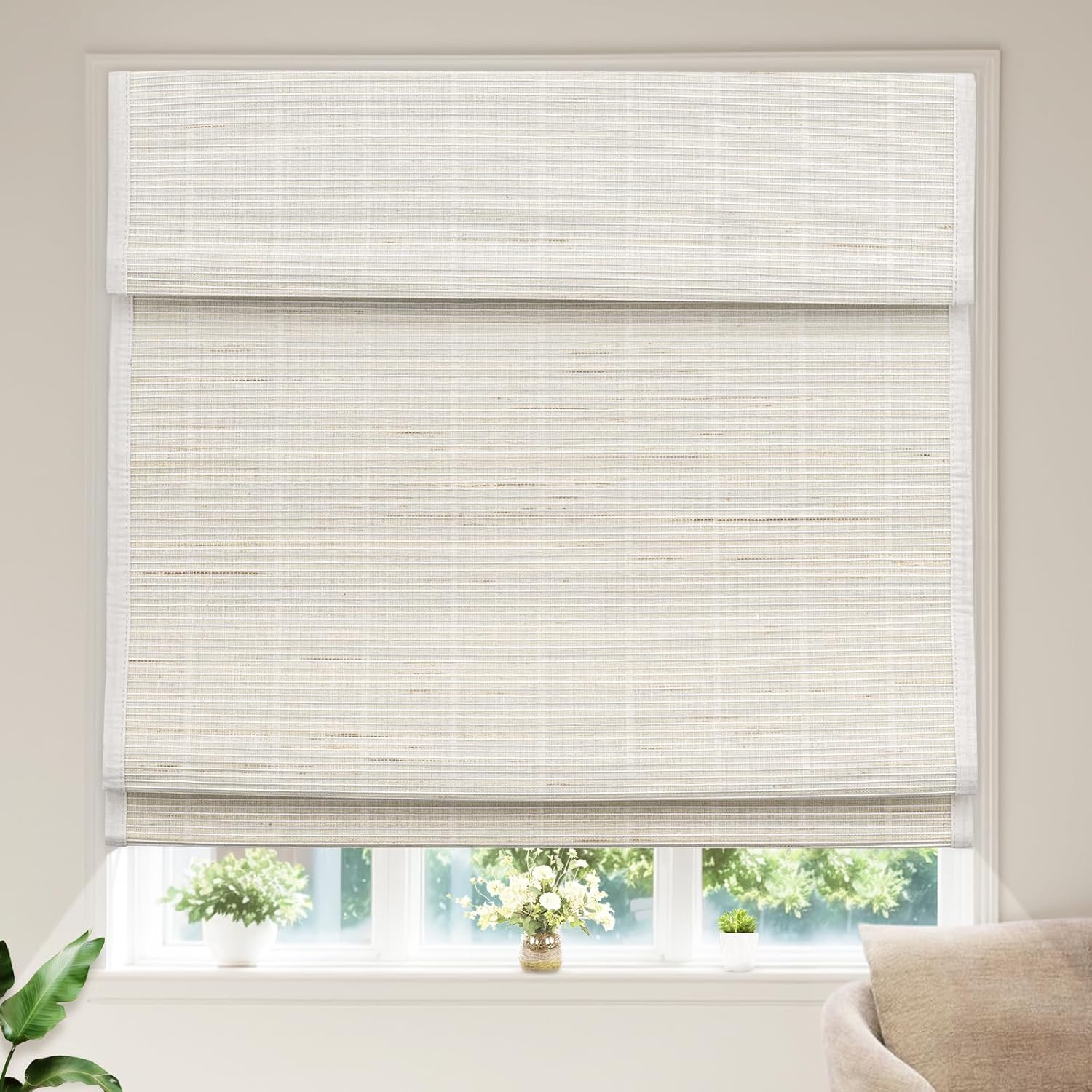 Cordless Roman Shades for Window Blackout, Natural Woven Fabric Privacy Room Darkening Blinds, Thermal Insulated Window Blind Treatment for Bedroom Living Room, Brown