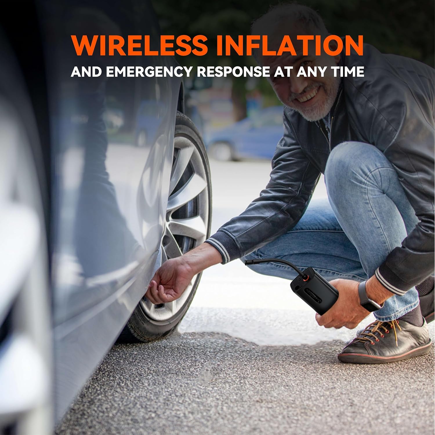 Tire Inflator Portable Air Compressor - Air Pump for Car Tires with Digital Pressure Gauge, LED Light and Auto Shut-Off Function - Cordless Pump for Car, Motorcycle, Bicycle, and More.