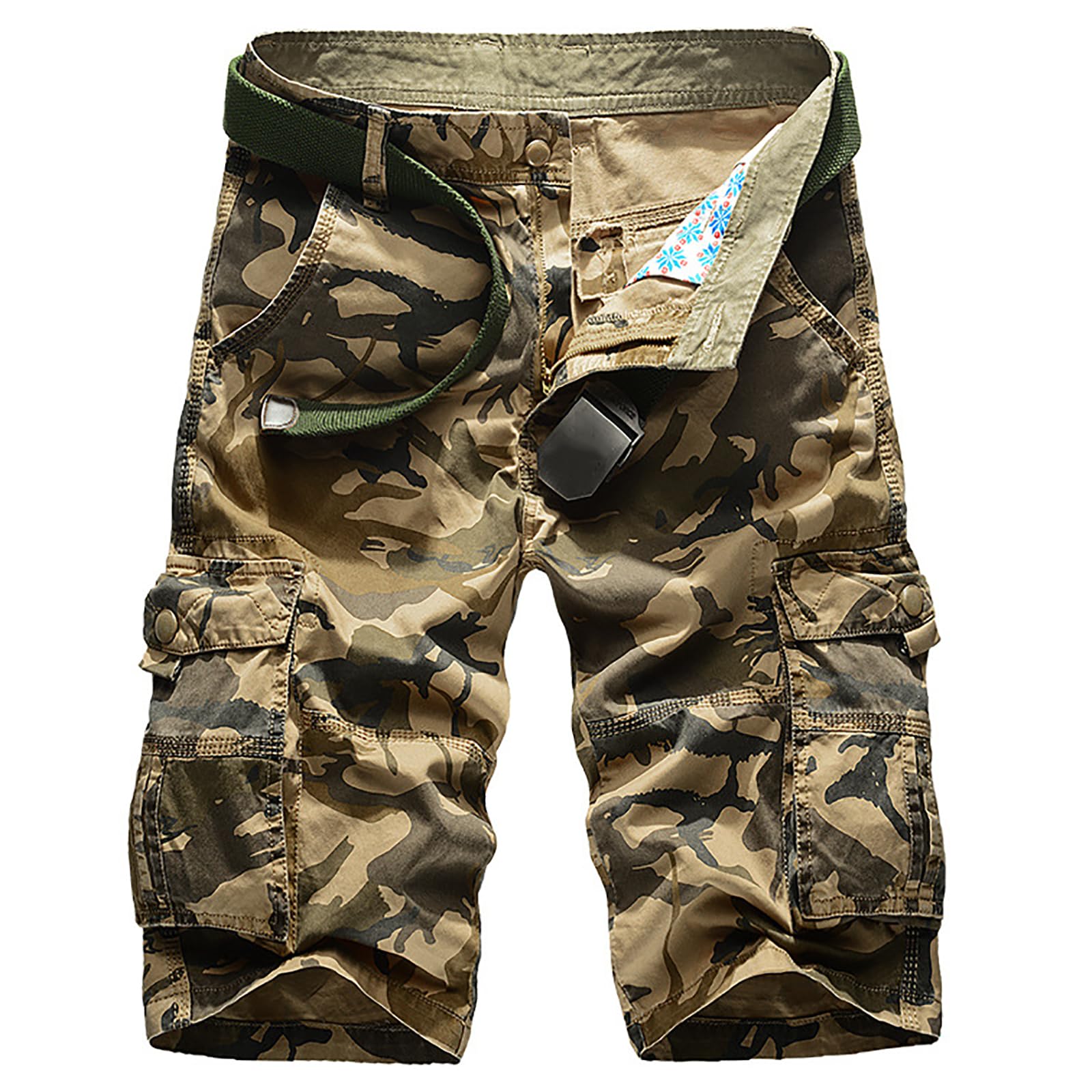 KINROCO Mens Camo Cargo Shorts Summer Combat Camouflage Half Pants Hunting Camping Tactical Shorts with Multi Pockets(Size:32W,Color:Khaki)