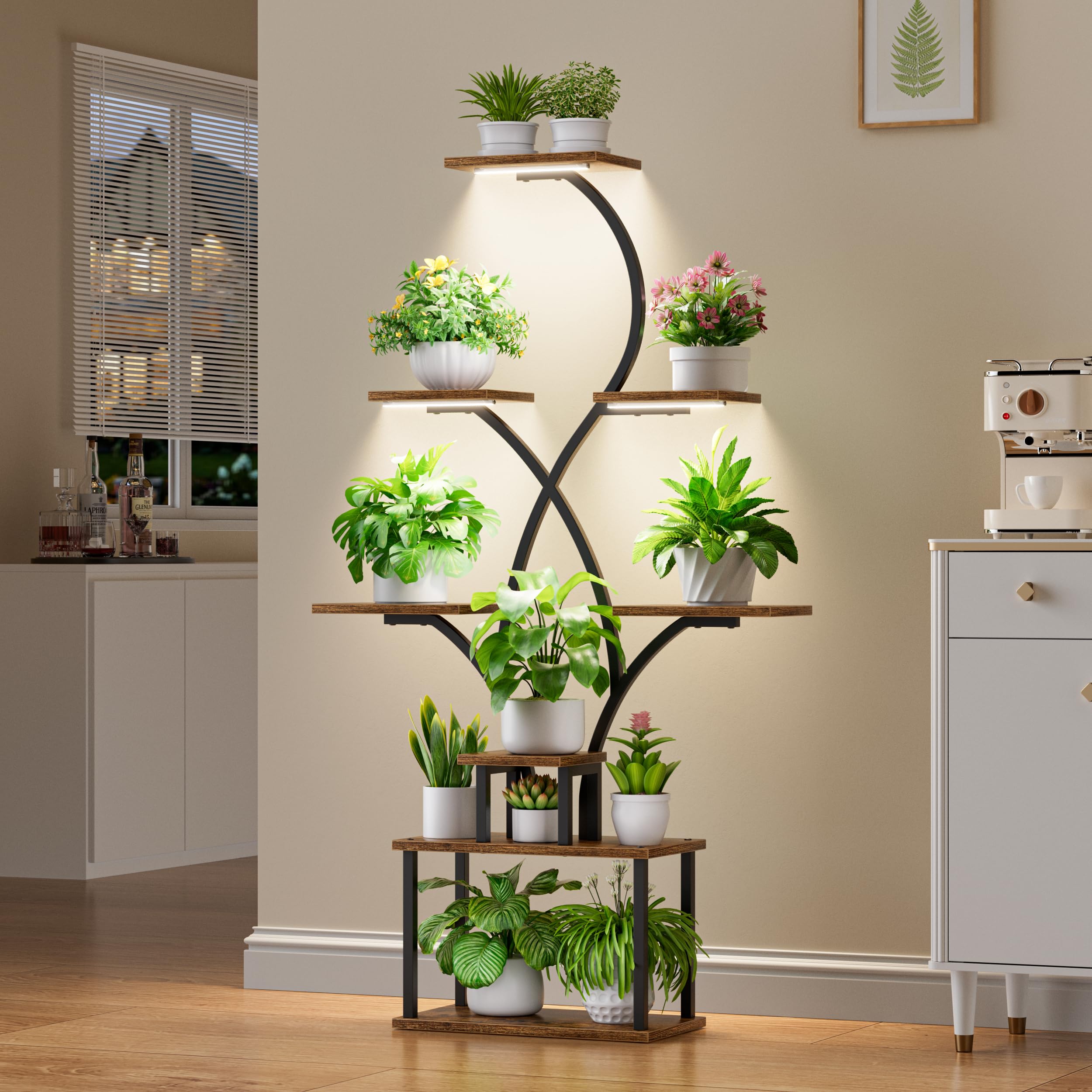 BACEKOLL Étagère à plantes avec lumière de croissance - 8 niveaux - 158 cm - Métal et bois - Intérieur et extérieur - Noir - Support de fleurs décoratif