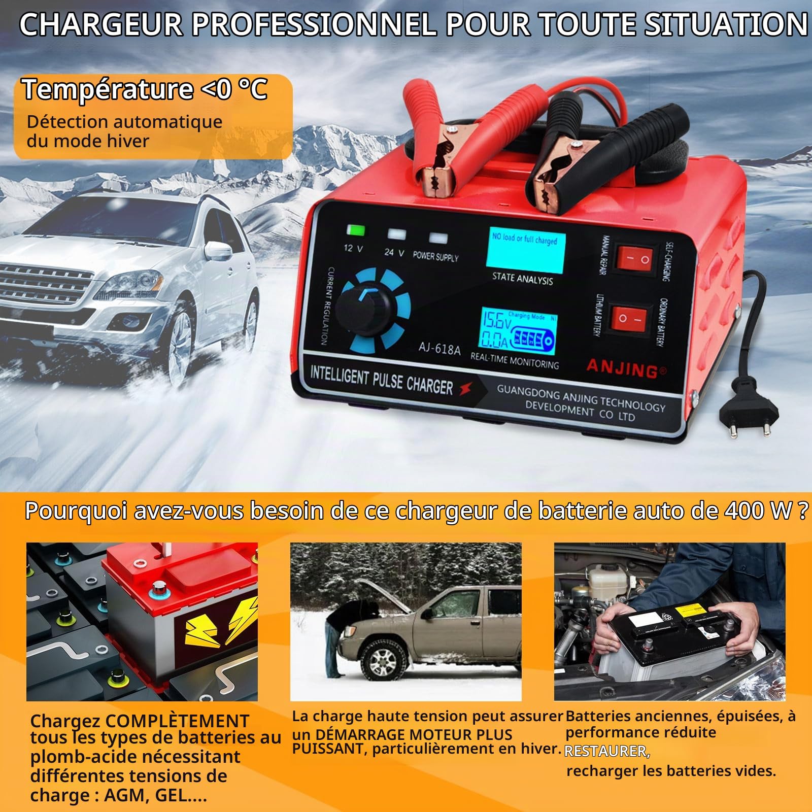 Chargeurs de Batterie, Chargeur de Batterie de Voiture 400W 22A 12V / 24V Chargeur de Batterie de Voiture Voiture Entièrement Automatique Intelligent Convient aux Voitures Motos Voitures Camions | Chargeur de Batterie de Voiture Voiture Entièrement Automa