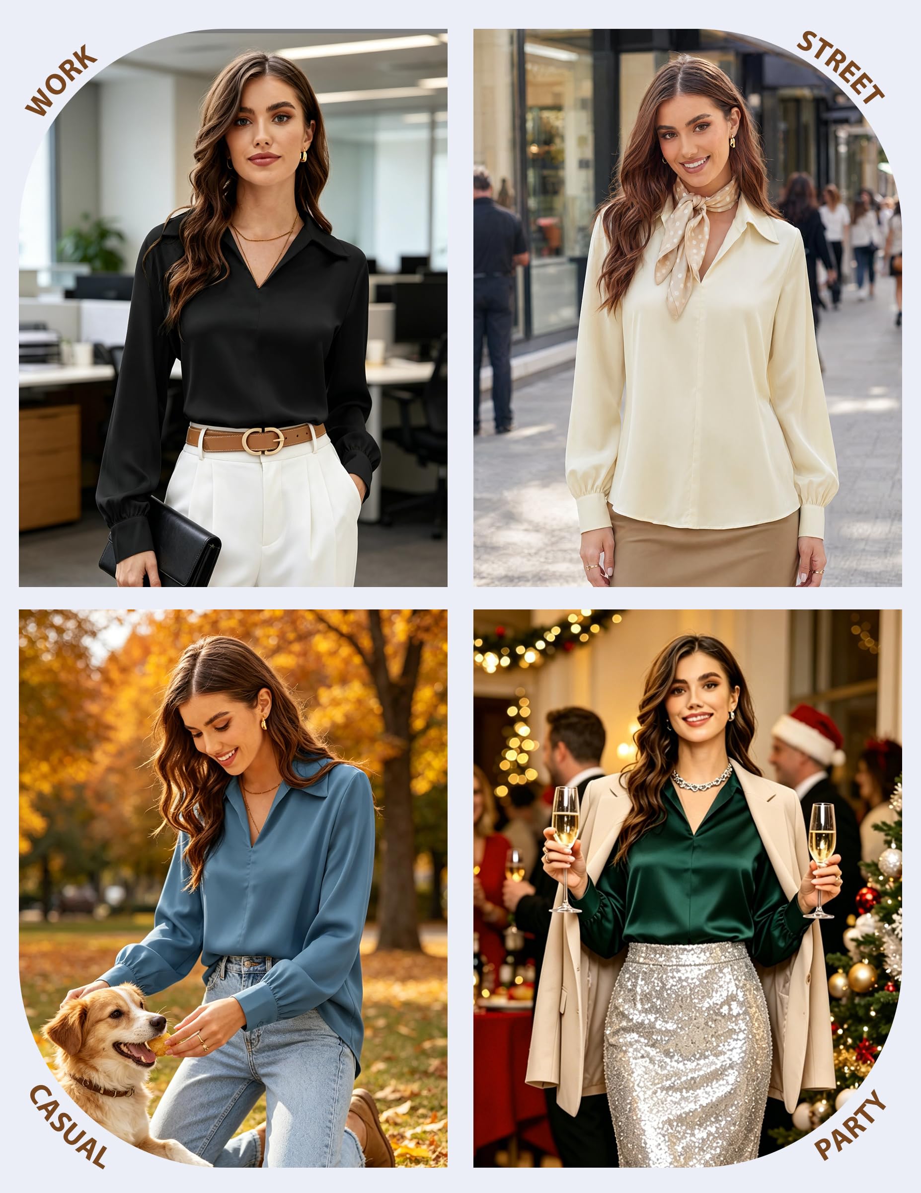 GRACE KARIN Blusa de seda satinada para mujer, cuello en V, manga larga, informal, para el trabajo, sin botones