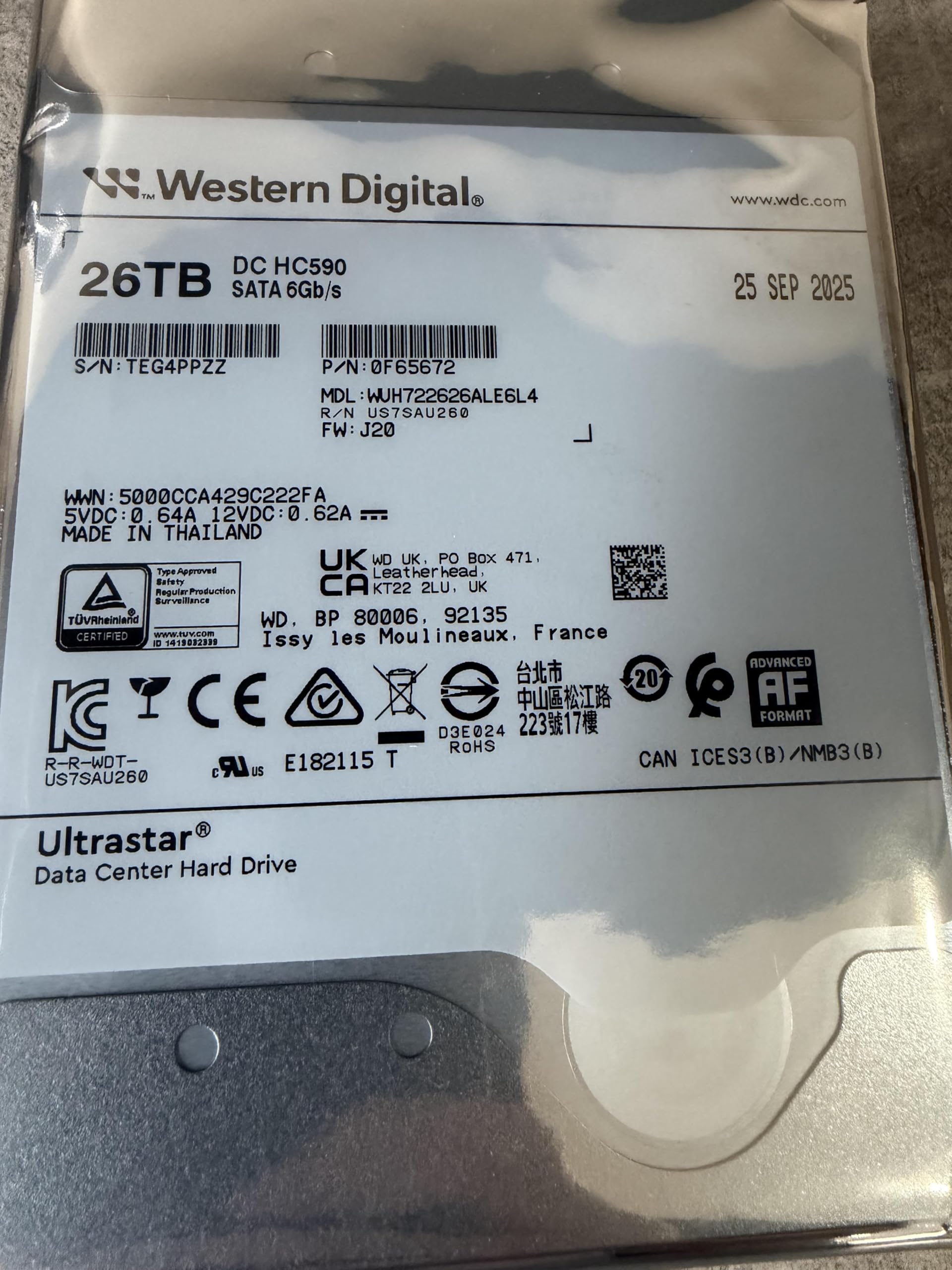 Western Digital Wd Ultrastar Dc Hc590 0f65672 - Festplatte - Datencenter - Verschl?sselt - 26 Tb - Intern - 3.5" (8.9 Cm) - Sata 6gb/s - 7200 U/min -
