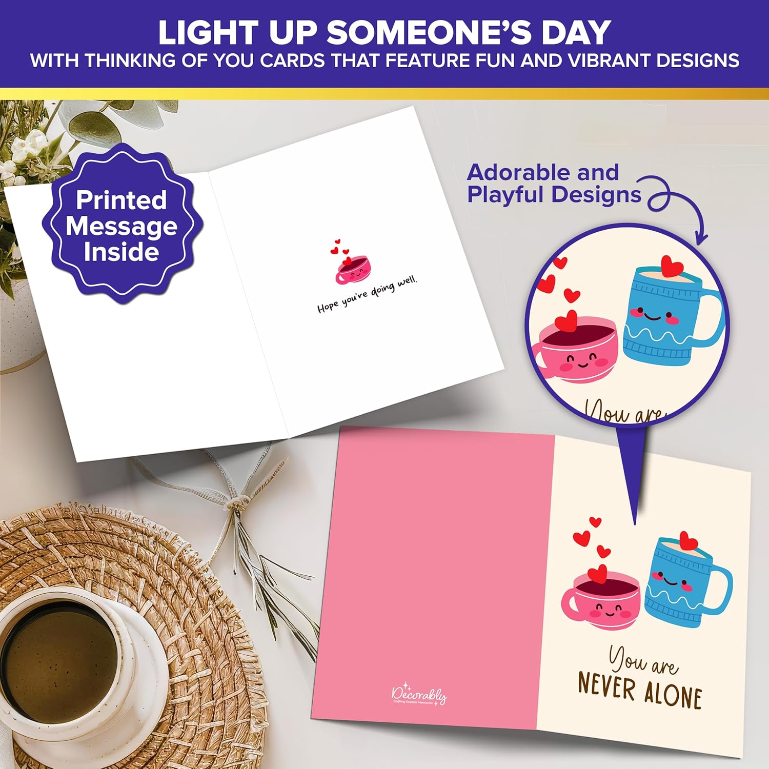 Decorably 50 Pack 5x7in Assorted Bulk Thinking of You Cards with Envelopes and Stickers, 50 Folded Adorable Designs for Loved Ones with Printed Message Inside - Thoughtful Notes, Gifting, Mailing - Image 4