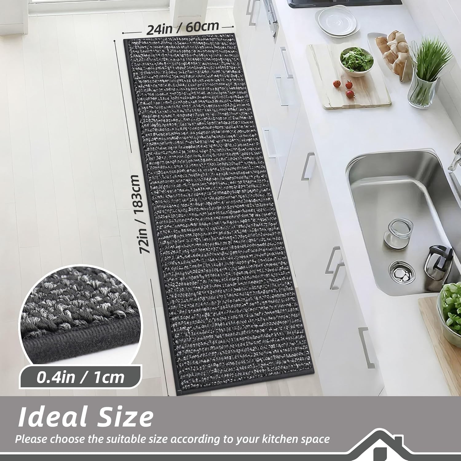 BEQHAUSE Kitchen Runner Rugs 24"x72", Non-Slip Kitchen Mats for Floor, Super Absorbent and Stain Resistant Kitchen Rug, Machine Washable Rugs for Kitchen, Hallway, Laundry & Sink, Charcoal 24" x 72" (Rectangular) Charcoal
