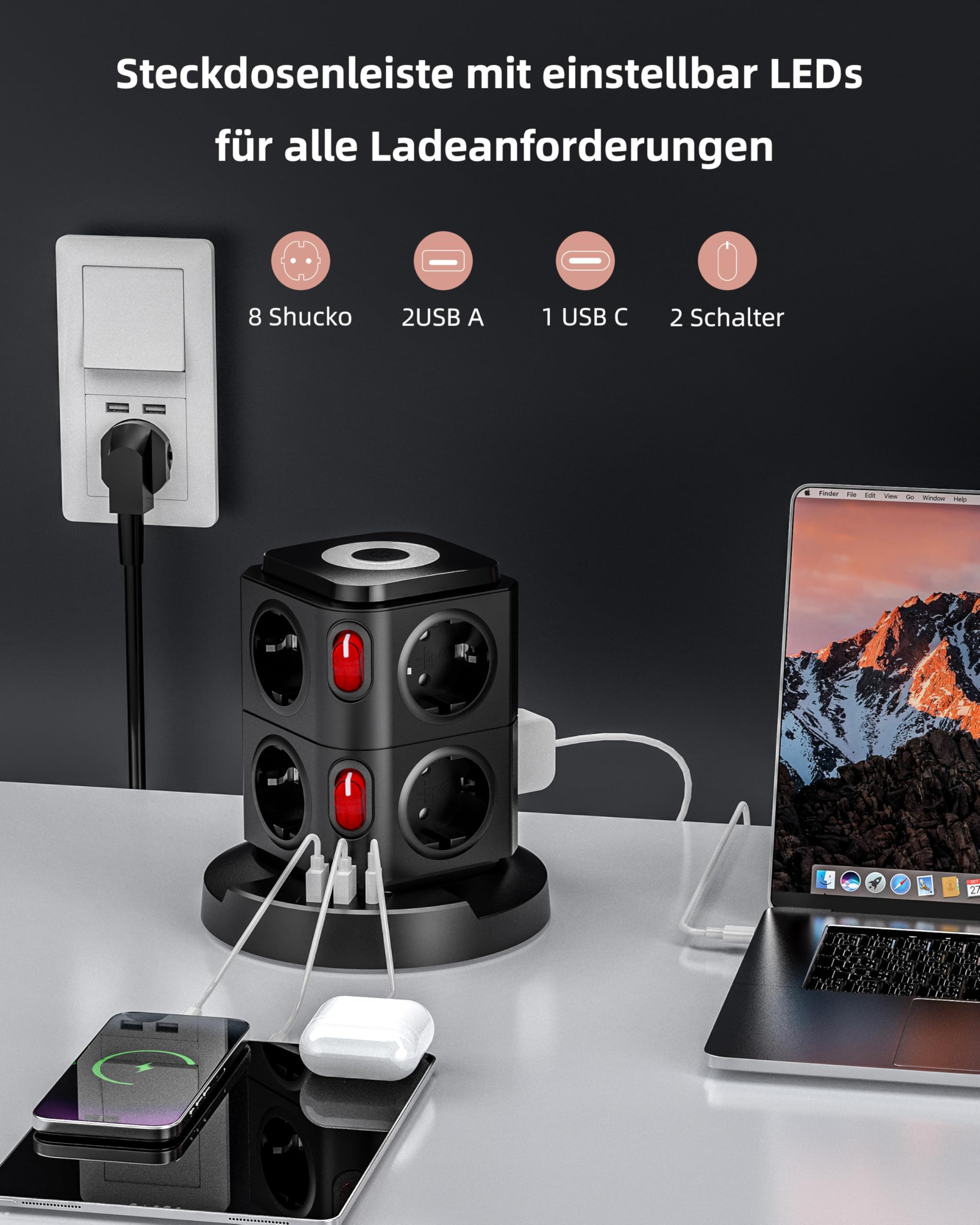 AORIDO Listwa zasilająca 8 wielogniazdowych 3680 W z USB, gniazdo wieżowe LED z przełącznikiem, ochrona przeciwprzepięciowa, przedłużacz 1,8 m, wtyczka rozdzielcza do biura
