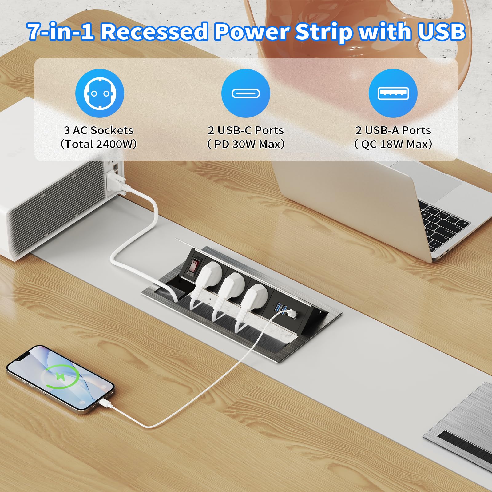 Wysuwane gniazdko z aluminium z USB-C PD 30 W, gniazdko do zabudowy z 3 gniazdami i 4 portami USB, wpuszczane gniazdko na biurko i do kuchni, regulowany kąt, kabel 1,8 m, kolor srebrny