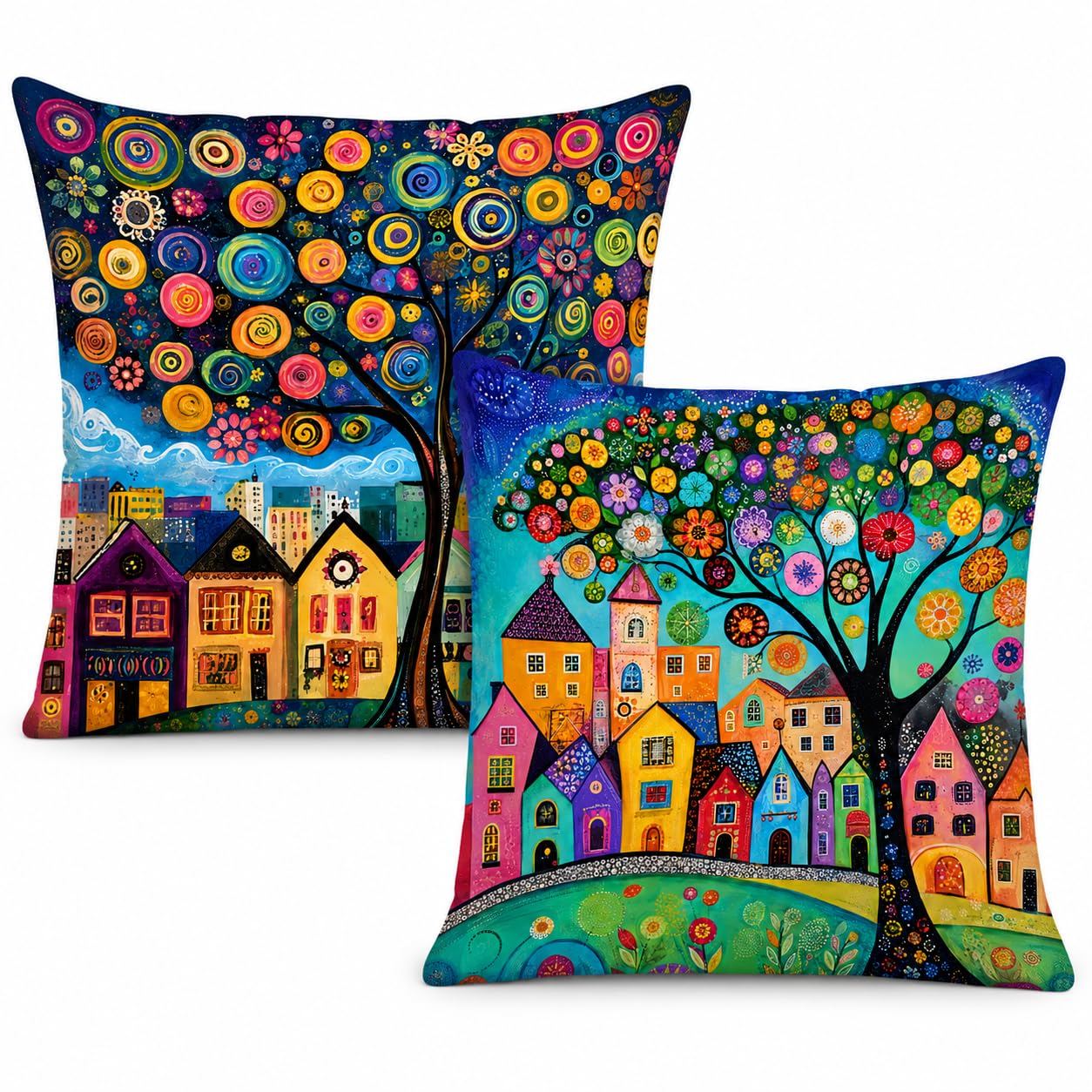 Colourful Village Cushion Covers 45x45cm Pack of 2, Whimsical Tree House Decorative Throw Pillow Covers with Hidden Zipper, Square Sofa Cushion Covers for Living Room Bedroom Home Decor, 18x18 Inch