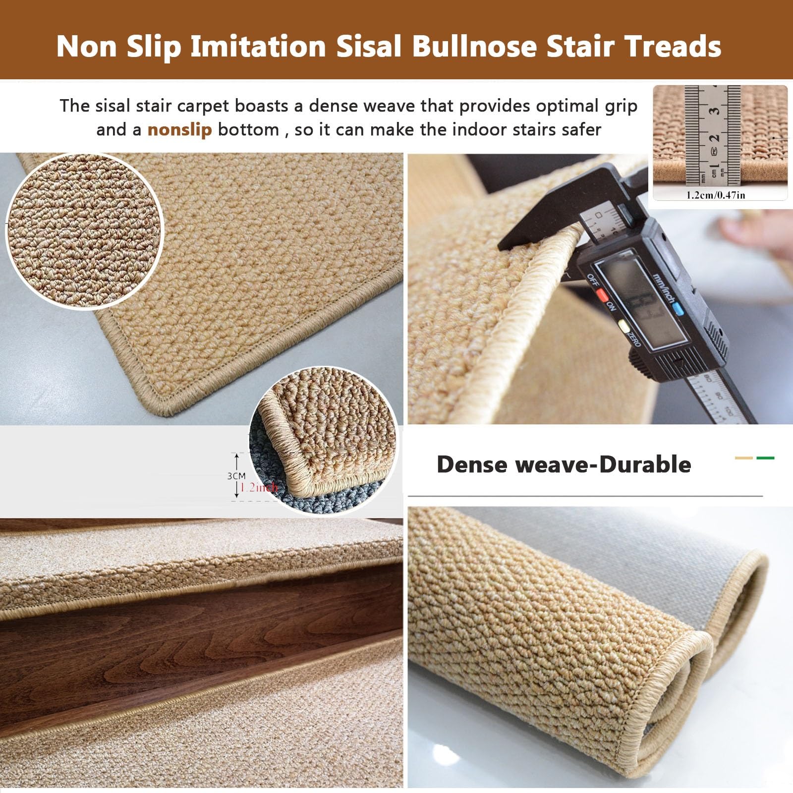 Tapis d'escalier antidérapant autocollant imitation sisal pour enfants chiens et personnes âgées - Solution de prise en main autocollante