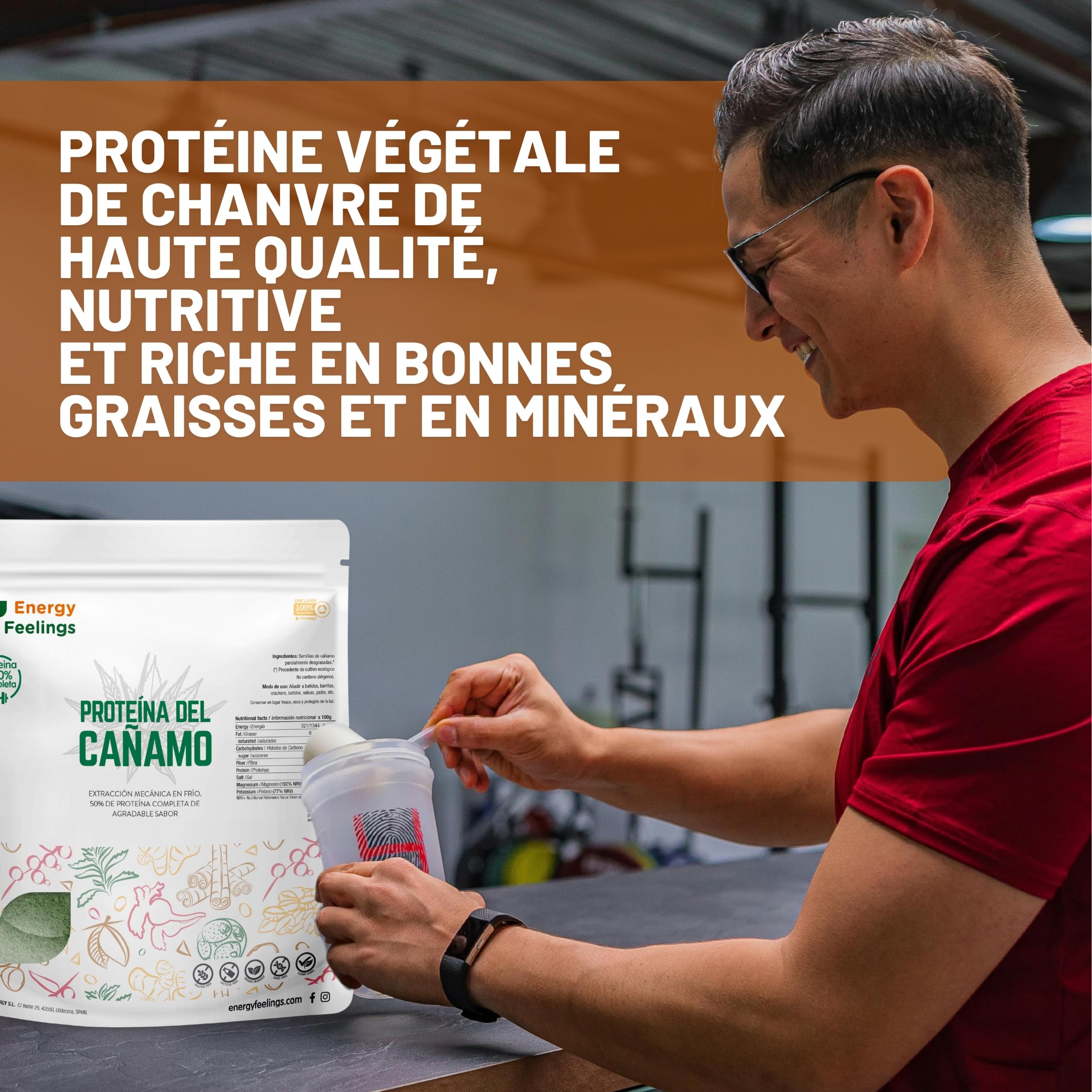 Energy Feelings Protéine Végétale Bio de Chanvre 50% Goût Neutre 1 kg, Poudre de Protéine Vegan pour Musculation, Sans Lactose, Sans Sucres Ajoutés, Vegan Protein Powder